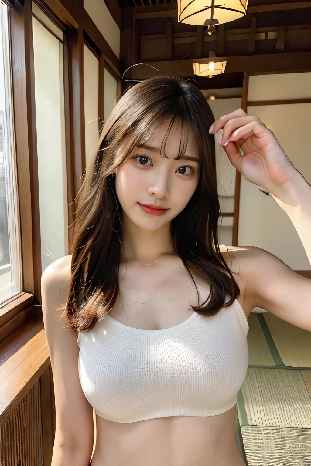 highest quality,live-action,whole bodyが映る、Kyoto、fine skin,beautiful breasts,bring your breasts together、 long brown hair, 8K highly detailed face,transparent bra、straight hair、smile、 perfect face shape,absolutely perfect lips,whole body、 beautiful body line,perfect nose、beautiful eyes,erotic expression,masterpiece, beautiful girl,Japan female, 26 years old,look up,face of shame、cool beauty、beautiful armpits、T-back、T-shirt、visible from head to foot、long legs、Are standing、Take a picture of your feet、perfect fingers、plump body