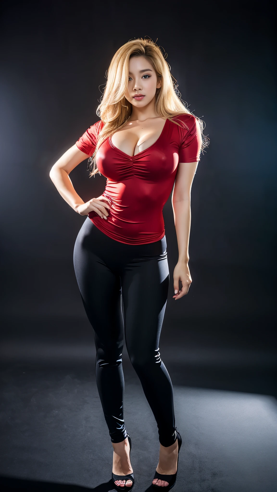 A hot korean woman, pretty korean woman, long legs, blonde hair, flowy hair style, plump body, gigantic breasts, large breasts, huge breasts, braless, (casual red tight dress with o-neck, spandex fabric, short-sleeve), high heels, stilettos, pushes chest, full body, standing and open legs, front view, at photo studio, professional photo studio, (black backdrop photo studio background), fogging background, studio lighting, dynamic light.