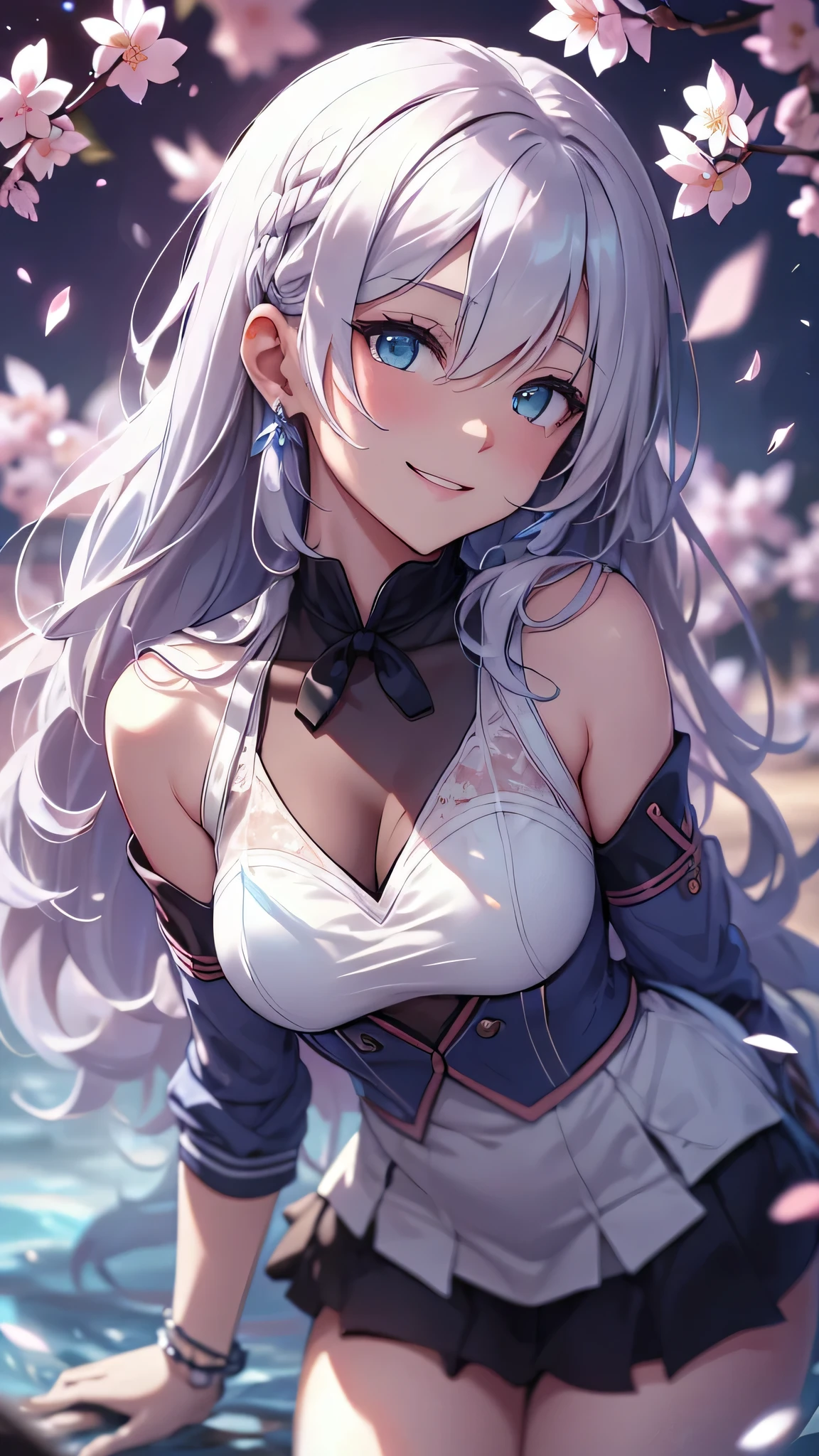 最high quality、best image quality、masterpiece、girl((18-year-old、 By becoming、vest bust、medium bust,wide open breast tea、shining eyes, silver hair、long hair、thin,highest valley、white see-through sailor suit、White short skirt、Wristband、smile、Leaning forward)),high quality、beautiful art、background((SakuraFubuki、Falling cherry blossoms、Cherry tree、beautiful park、square、Cherry Meadow、Wind))、Flight、debris flies、Depth of written boundary、movie、visual art、perfect art、8K,genuine、