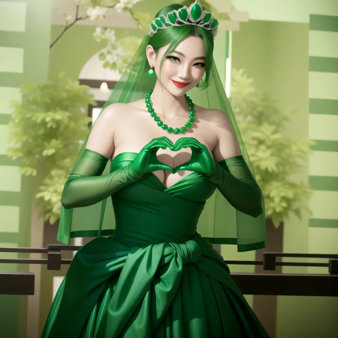 emerald tiara, green pearl necklace, boyish very short green hair, green lips, smiling Japanese woman, very short hair, Beautiful woman with big breasts, green eyes, green satin long gloves, green eyes, emerald earrings, green veil, Heart with both hands, green hair, beautiful japanese woman, heart shaped hands:1.3, green lip gloss