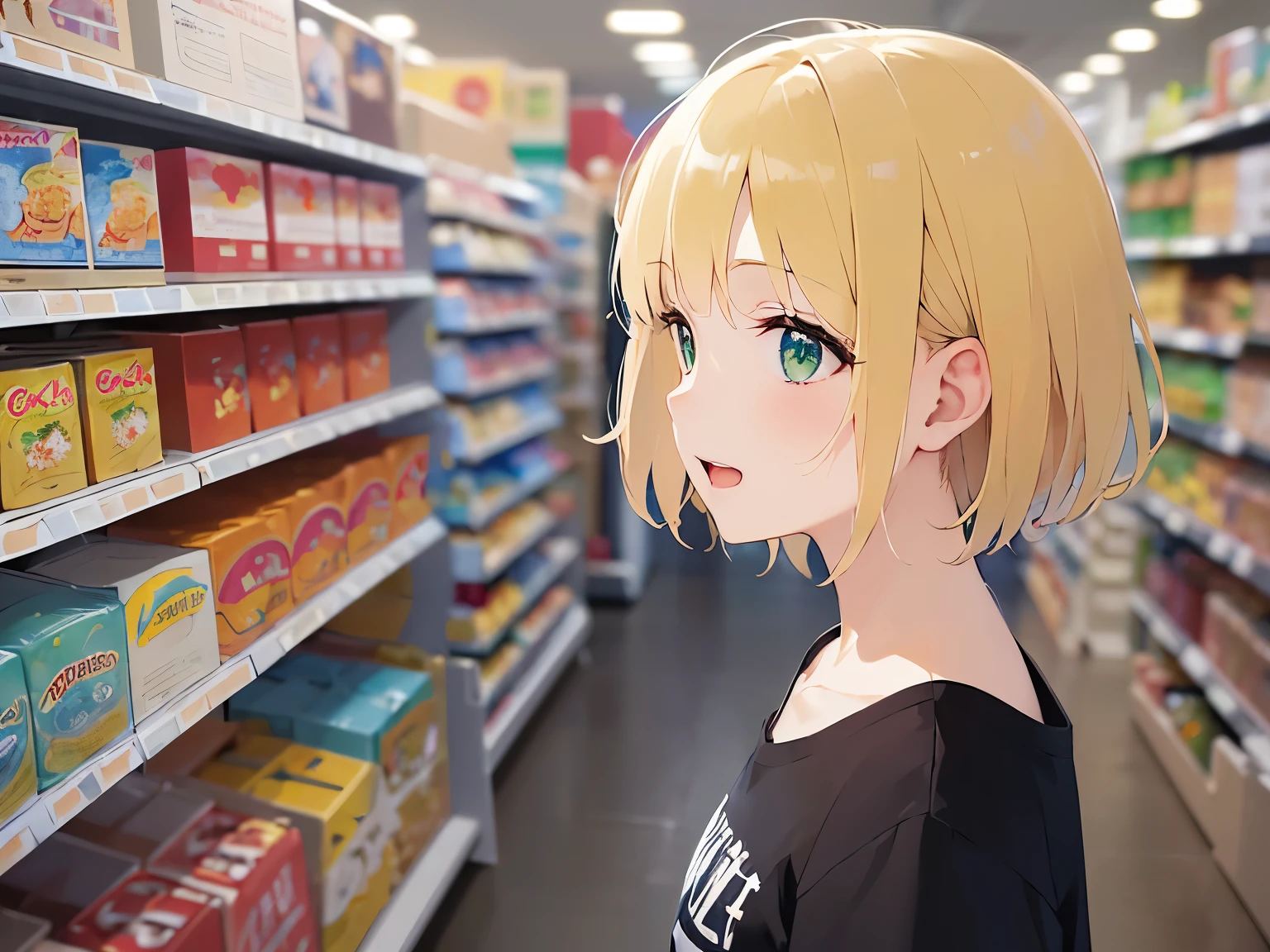 (looking away:1.5), side angle, cute, Upper Body, Realistic, real person, (pale skin: 1.2), RAW photo, photorealistic, portrait photography, shiny skin, japanese idol、shiny hair、japanese, (25 year old man with blonde bangs) and (green eyes) and (very short hair:1.5), (black) and (Plain T-shirt:1.5), smile, open mouth, The background is the interior of a supermarket、Alone