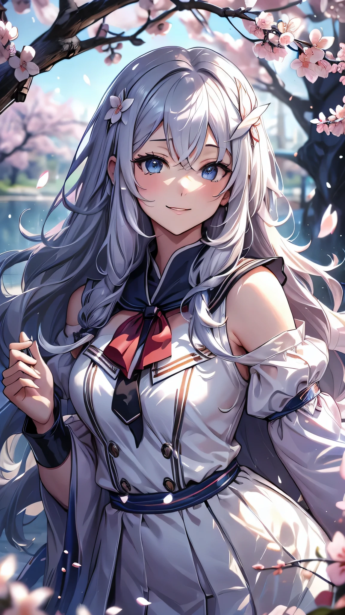 最high quality、best image quality、masterpiece、girl((18-year-old、 By becoming、vest bust、medium bust,wide open breast tea、shining eyes, silver hair、long hair、thin,highest valley、white see-through sailor suit、White short skirt、Wristband、smile、Leaning forward)),high quality、beautiful art、background((SakuraFubuki、Falling cherry blossoms、Cherry tree、beautiful park、square、Cherry Meadow、Wind))、Flight、debris flies、Depth of written boundary、movie、visual art、perfect art、8K,genuine、