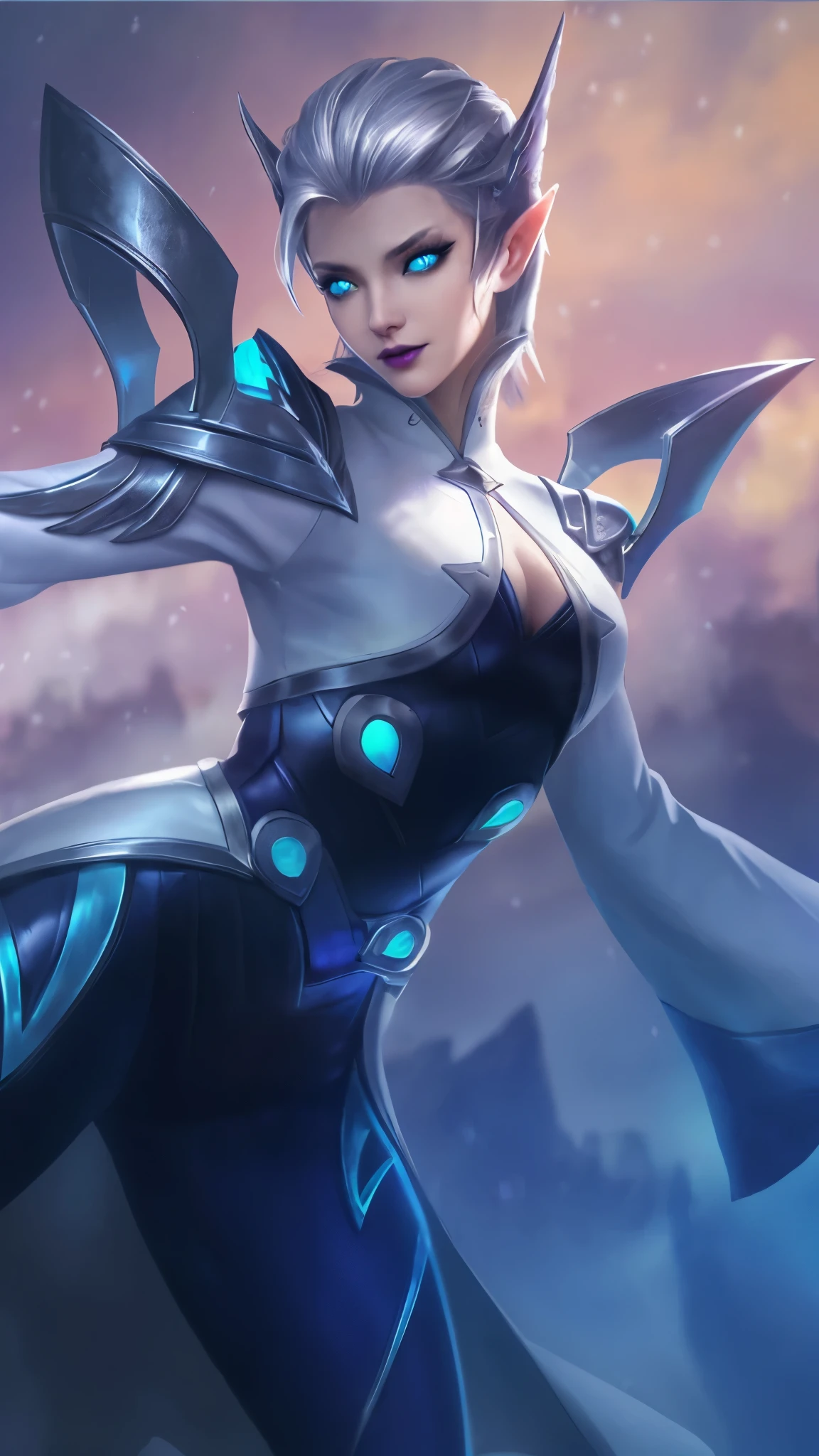 (female:1.2), 8k, ultra hd, ultra detailed texture, hyper realistic, masterpiece, detailed texture, detailed face, detailed skin, detailed lighting, (photorealistic:1.5), best quality, beautiful lighting, cinematic lighting, professional lighting, ultra highres, realistic, detailed hair, real hair, high quality, (realskin:1.5), extremely detailed, finely detail, ultra-detailed, 1girl, solo, floating, (blue eyes), glowing eyes, black lips, v-shapped eyes, closed mouth, angry, colored skin, dark skin, purple skin, nose, pretty, beautiful, make up, cute face, evil smile, short hair, white hair bangs, large breasts, thigh, pauldrons, black pants, belt, purple coat, mechanical wings, armor shoulder, gloves, eudora \(mobile legends\), depth of field, looking aways, skin tight, amazing pose, glowing electric, lighting, cinematic background, elf ears