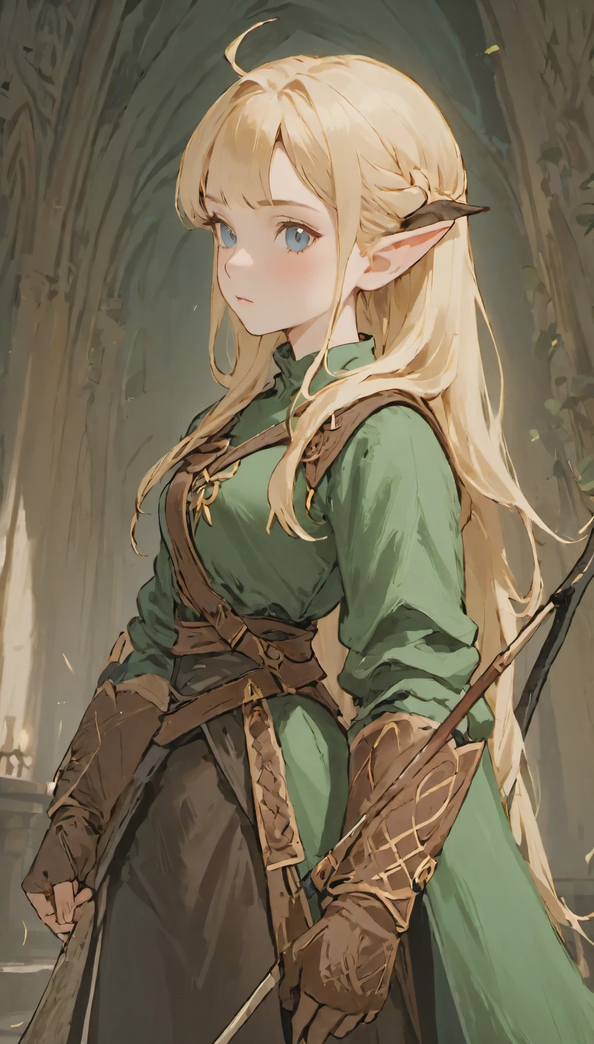 female adventurer, full body, Game Art Style, (masterpiece),  highest quality, High resolution, 4k, 8K, Detail view, intricate details, cinematic lighting, amazing quality, 1 girl, Archer、elf ears、ash blonde hair, great shading, soft lighting, Face-to-face camera, perfect eyes