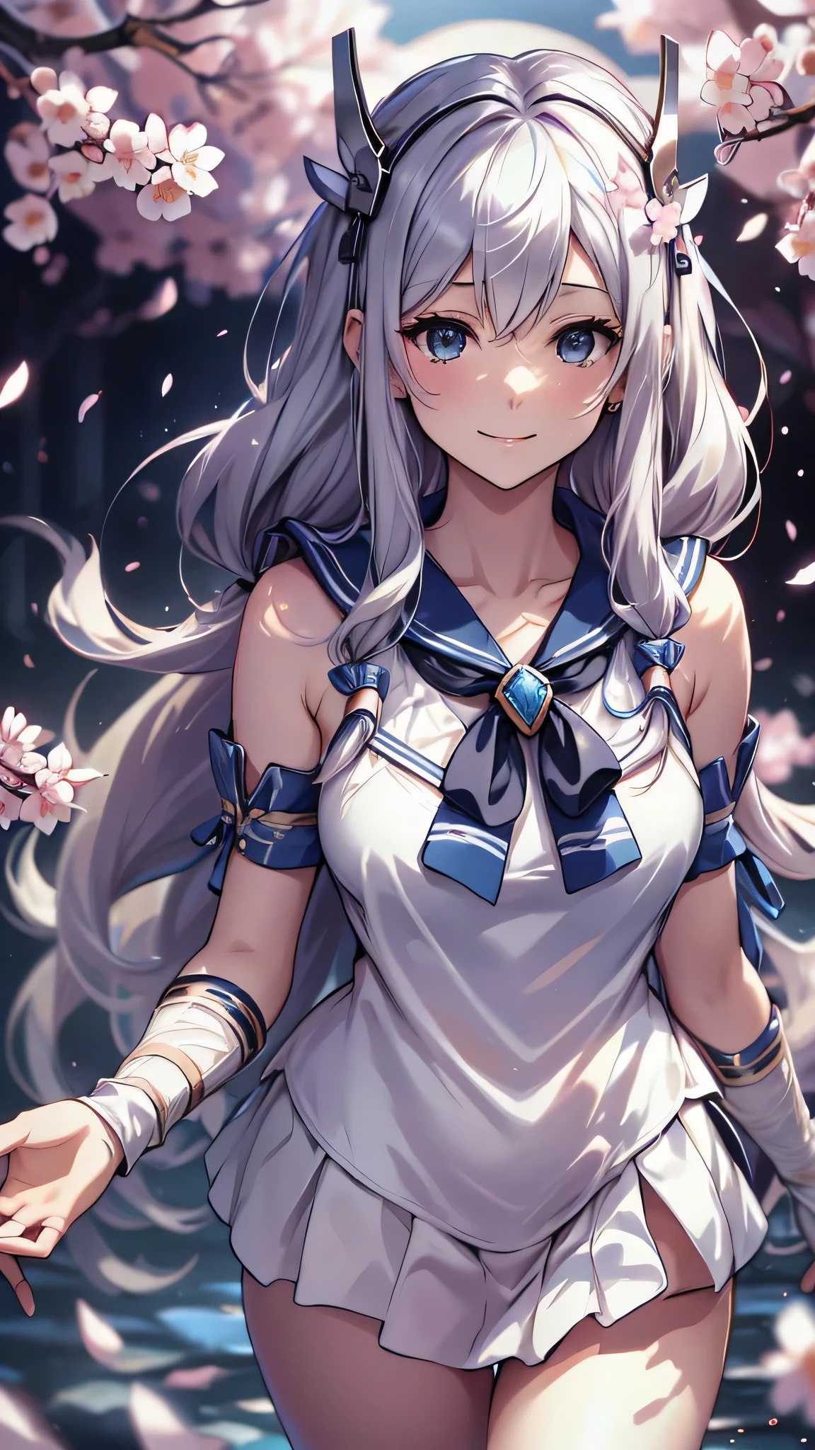 最high quality、best image quality、masterpiece、girl((18-year-old、 By becoming、vest bust、medium bust,wide open breast tea、shining eyes, silver hair、long hair、thin,highest valley、white see-through sailor suit、White short skirt、Wristband、smile、Leaning forward)),high quality、beautiful art、background((SakuraFubuki、Falling cherry blossoms、Cherry tree、beautiful park、square、Cherry Meadow、Wind))、Flight、debris flies、Depth of written boundary、movie、visual art、perfect art、8K,genuine、