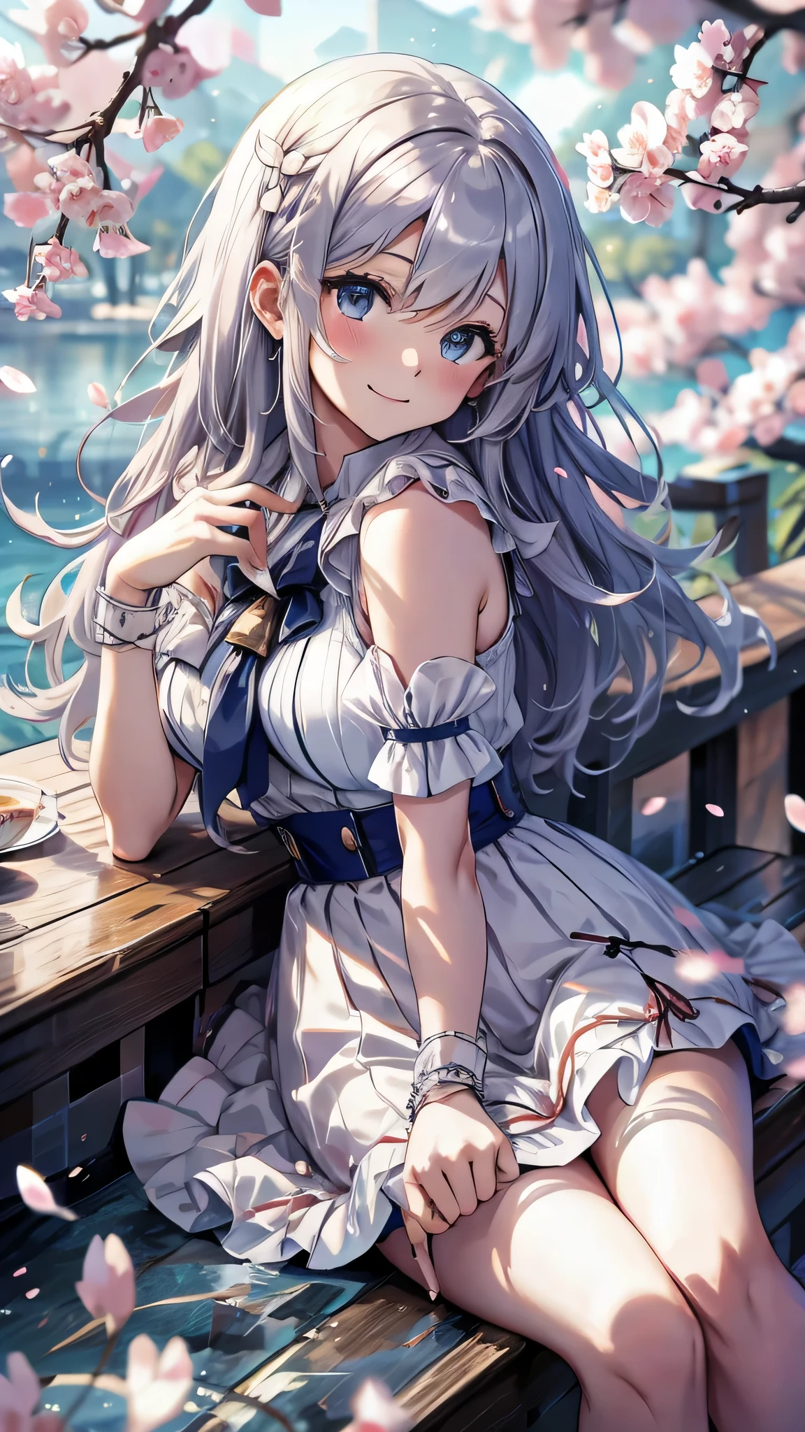 最high quality、best image quality、masterpiece、girl((18-year-old、 By becoming、vest bust、medium bust,wide open breast tea、shining eyes, silver hair、long hair、thin,highest valley、white see-through sailor suit、White short skirt、Wristband、smile、Leaning forward)),high quality、beautiful art、background((SakuraFubuki、Falling cherry blossoms、Cherry tree、beautiful park、square、Cherry Meadow、Wind))、Flight、debris flies、Depth of written boundary、movie、visual art、perfect art、8K,genuine、