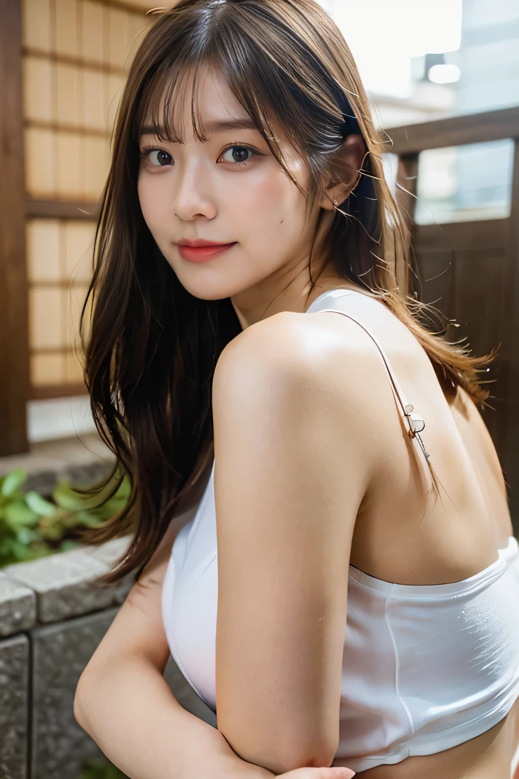 highest quality,live-action,whole bodyが映る、Kyoto、fine skin,beautiful breasts,stick out your butt、 long brown hair, 8K highly detailed face,straight hair、smile、 perfect face shape,absolutely perfect lips,whole body、 beautiful body line,perfect nose、beautiful eyes,erotic expression,masterpiece, beautiful girl,Japan female, 26 years old,look up,face of shame、cool beauty、beautiful armpits、T-back、T-shirt、visible from head to foot、long legs、Are standing、Take a picture of your feet、perfect fingers、plump body