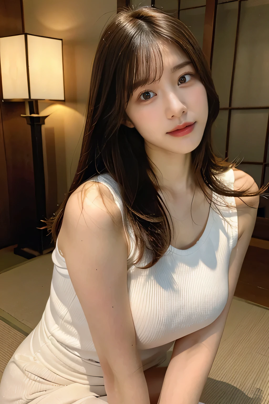 highest quality,live-action,whole bodyが映る、Kyoto、fine skin,beautiful breasts,stick out your butt、 long brown hair, 8K highly detailed face,straight hair、smile、 perfect face shape,absolutely perfect lips,whole body、 beautiful body line,perfect nose、beautiful eyes,erotic expression,masterpiece, beautiful girl,Japan female, 26 years old,look up,face of shame、cool beauty、beautiful armpits、T-back、T-shirt、visible from head to foot、long legs、Are standing、Take a picture of your feet、perfect fingers、plump body