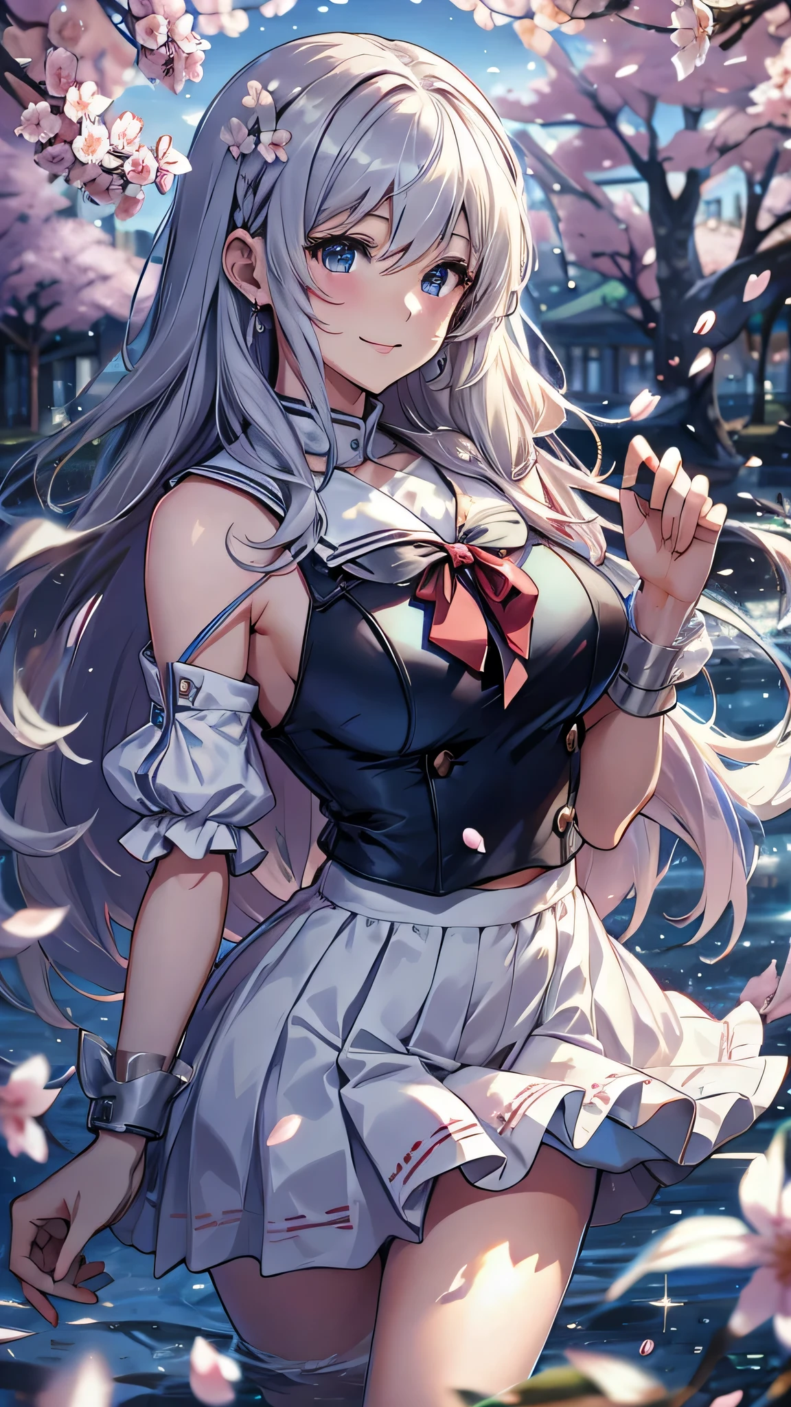 最high quality、best image quality、masterpiece、girl((18-year-old、 By becoming、vest bust、medium bust,wide open breast tea、shining eyes, silver hair、long hair、thin,highest valley、white see-through sailor suit、White short skirt、Wristband、smile、Leaning forward)),high quality、beautiful art、background((SakuraFubuki、Falling cherry blossoms、Cherry tree、beautiful park、square、Cherry Meadow、Wind))、Flight、debris flies、Depth of written boundary、movie、visual art、perfect art、8K,genuine、