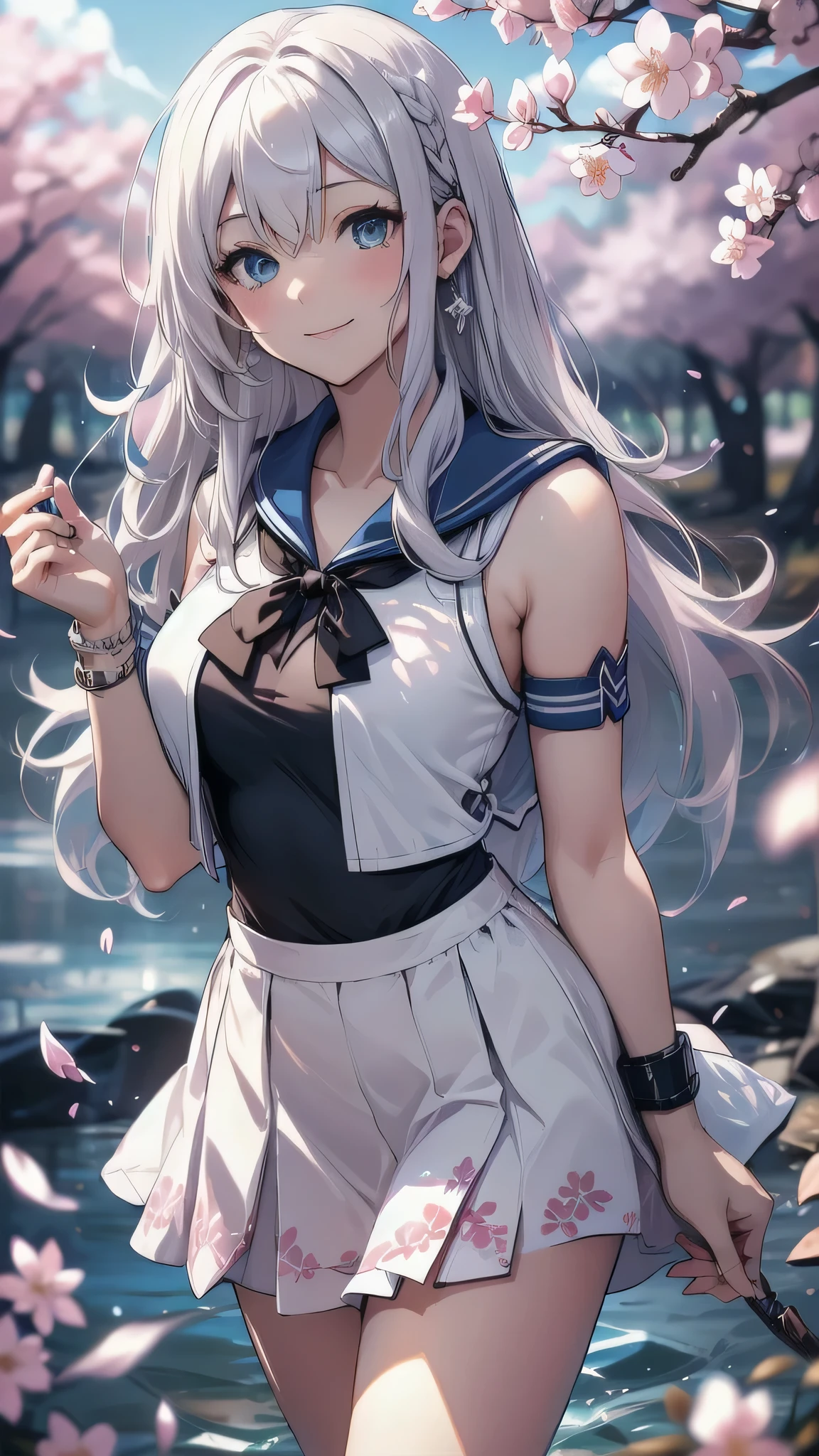 realistic, 1girl, ponytail, parted lips, blush, makeup, light smile, white hair, sportswear, skirt, wet clothes, glow, thighs, purple eye, bare shoulders, collarbone, narrow waist, sunbeam, sunlight, rose, wind, cleavage, (masterpiece), sweat,