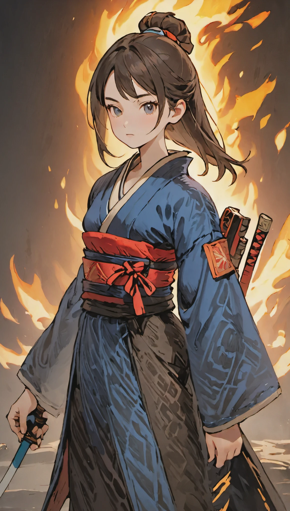 female adventurer, full body, Game Art Style, (masterpiece), highest quality, High resolution, 4k, 8K, Detail view, intricate details, cinematic lighting, amazing quality, 1 girl, Samurai Woman,Otachi、 great shading, soft lighting, Face-to-face camera, perfect eyes、Burning background、dim lighting、dark、Flame Light
