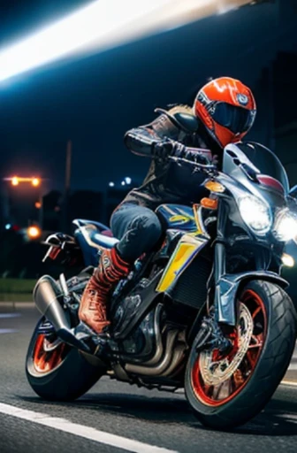 (8K),(Photorealistic:1.4),Masterpiece, Best Quality,1Girl on a large motorcycle with glowing rear wheel of cyber sports type with big red full cowl, Wide angle, solo, Black riders with fluorescent blue lines, thighs, black hair knotted, black eyes, (cyber futuristic city), highway, machine, automobile, motorcycle, panorama, speedline, Motion blur, depth of field, perspective, panorama, floating hair, night, neon trim, turning due to sudden braking, smoke from motorcycle drifting tires, (light line of motorcycle tail lamp), dynamic composition, turning around the front wheel, sense of speed, (motorcycle sink shot), flowing neon lights, (smoke from the rear wheel of the bike), (discharge to the back of the bike: 1.2), A motorcycle leaning parallel to the ground flows in the back of the screen (motorcycle tires emit lightning: 1.4), (motorcycle wheels glow)