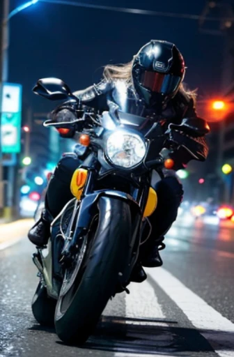 (8K),(Photorealistic:1.4),Masterpiece, Best Quality,1Girl on a large motorcycle with glowing rear wheel of cyber sports type with big red full cowl, Wide angle, solo, Black riders with fluorescent blue lines, thighs, black hair knotted, black eyes, (cyber futuristic city), highway, machine, automobile, motorcycle, panorama, speedline, Motion blur, depth of field, perspective, panorama, floating hair, night, neon trim, turning due to sudden braking, smoke from motorcycle drifting tires, (light line of motorcycle tail lamp), dynamic composition, turning around the front wheel, sense of speed, (motorcycle sink shot), flowing neon lights, (smoke from the rear wheel of the bike), (discharge to the back of the bike: 1.2), A motorcycle leaning parallel to the ground flows in the back of the screen (motorcycle tires emit lightning: 1.4), (motorcycle wheels glow)