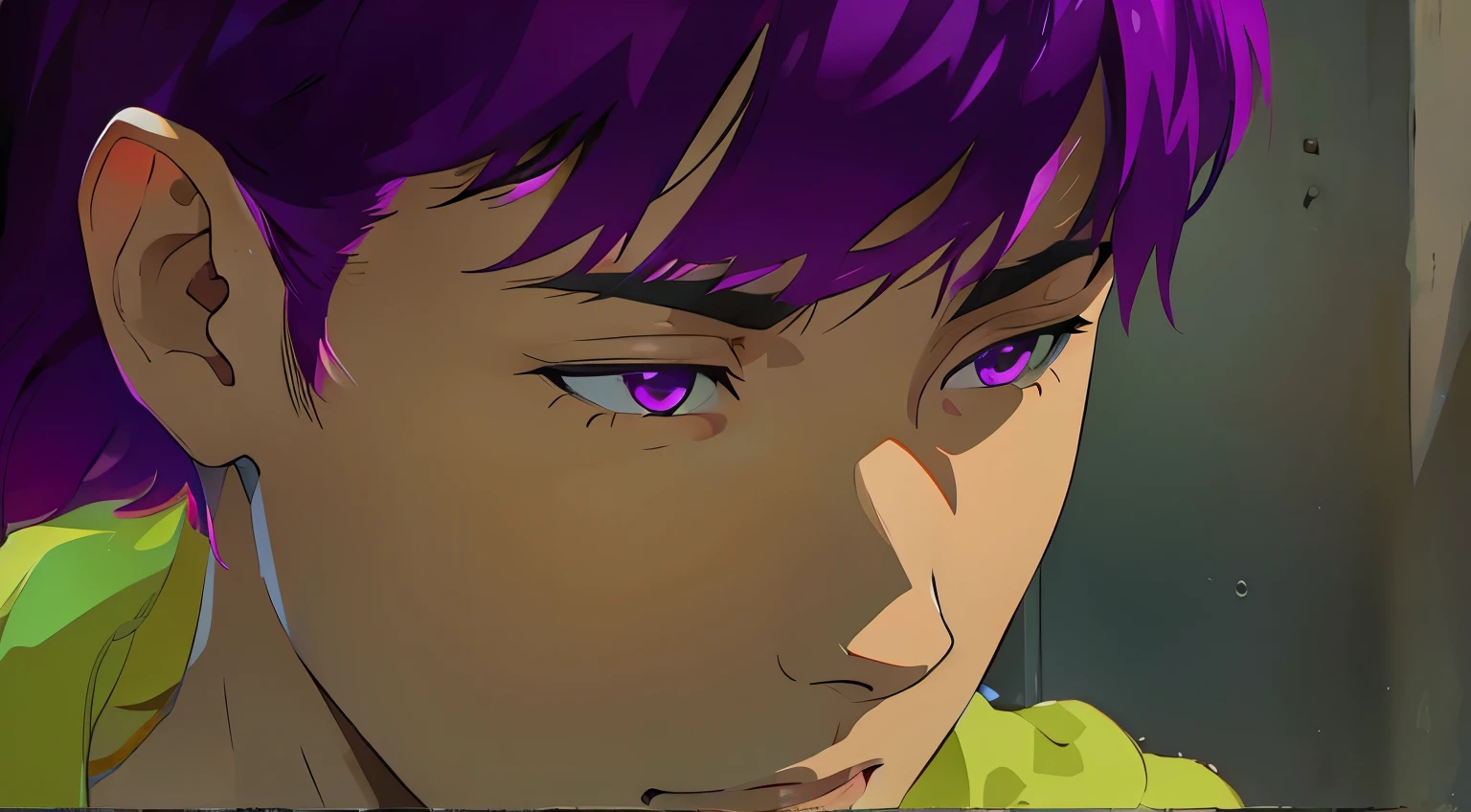 hay un lindo chico con cabello de violeta morado