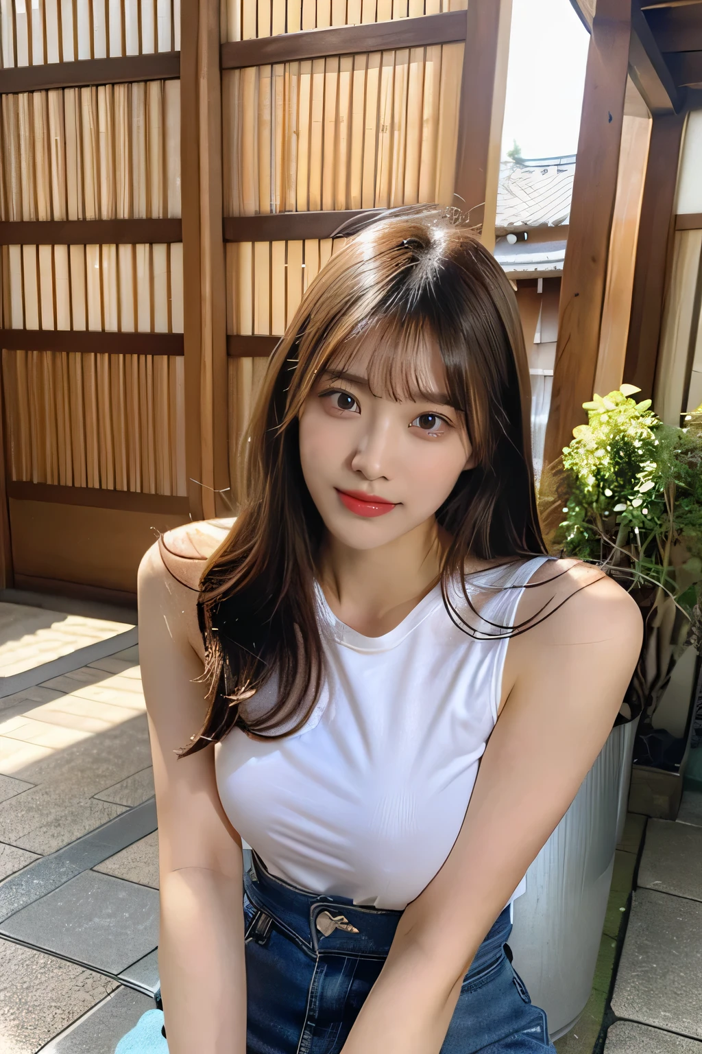 highest quality,live-action,whole bodyが映る、Kyoto、fine skin,beautiful breasts,stick out your butt、spread legs、 long brown hair, 8K highly detailed face,straight hair、smile、 perfect face shape,absolutely perfect lips,whole body、 beautiful body line,perfect nose、beautiful eyes,erotic expression,masterpiece, beautiful girl,Japan female, 26 years old,look up,face of shame、cool beauty、beautiful armpits、T-back、T-shirt、visible from head to foot、long legs、Are standing、Take a picture of your feet、perfect fingers、plump body