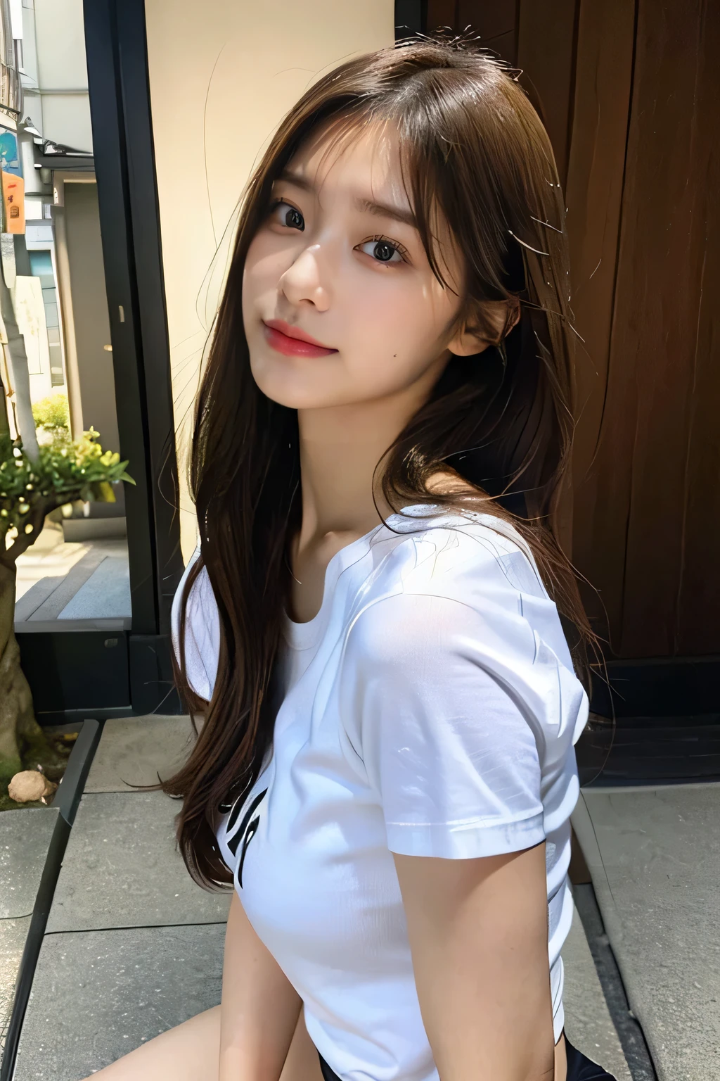 highest quality,live-action,whole bodyが映る、Kyoto、fine skin,beautiful breasts,stick out your butt、spread legs、 long brown hair, 8K highly detailed face,straight hair、smile、 perfect face shape,absolutely perfect lips,whole body、 beautiful body line,perfect nose、beautiful eyes,erotic expression,masterpiece, beautiful girl,Japan female, 26 years old,look up,face of shame、cool beauty、beautiful armpits、T-back、T-shirt、visible from head to foot、long legs、Are standing、Take a picture of your feet、perfect fingers、plump body