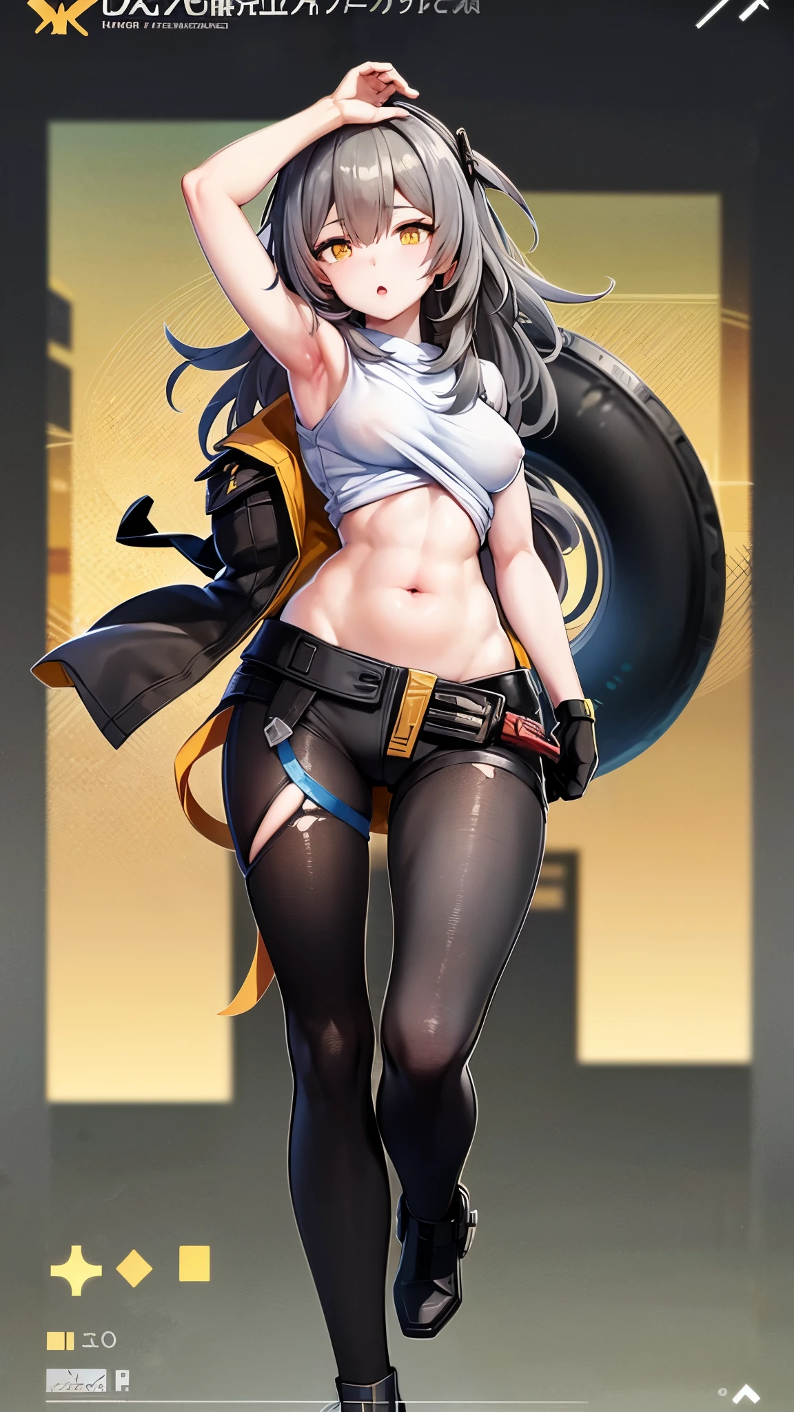 anime lazy girl, girls frontline universe, From《Azur route》video game, from girls frontline, fleet collection style, Azure Lane style, girls frontline cg, girls frontline style, from Arknights, girls frontline, fine details. girls frontline, official artwork, alchemist girl, Mechanized Valkyrie, high detailed official artwork ,armpit, erection, thin shirt, low rise jeans, Attractive young woman, Slim waist, Very detailed belly button, Very detailed armpits, tall figure, black pupils, golden eyes, small breasts, white hair, grey hair, UHD, masterpiece, anatomically correct, textured skin, super detail, high details, high quality, 4K,(NSFW:1.1),NO BRA,emit