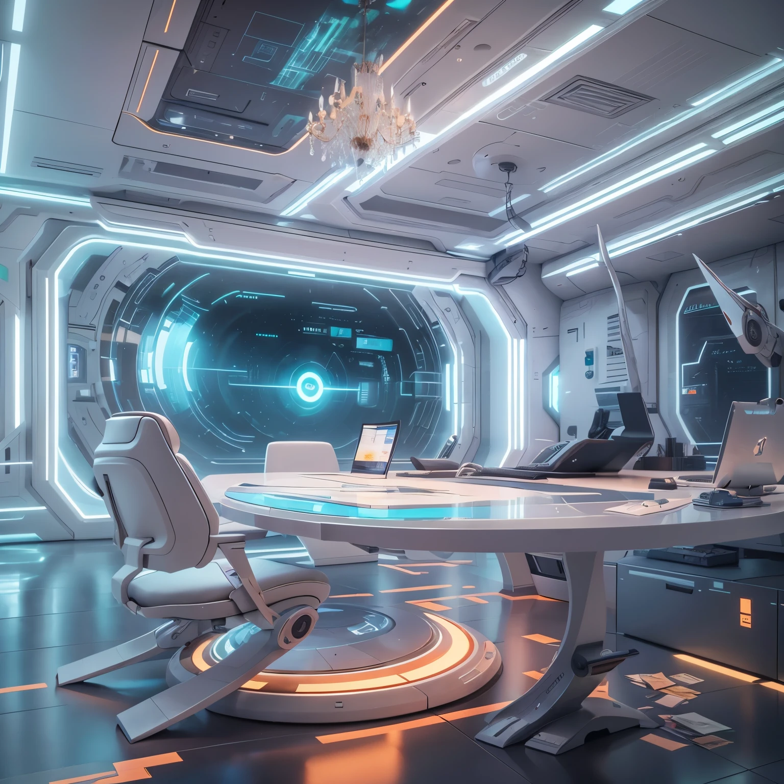 It is a table,There is a monitor,There is a chair in front, futuristic interior, Futuristic room, retro futuristic apartment, Futuristic room background, Futuristic living room, futuristic architectural art, Desktopography, sci-fi interior, detailed futuristic architecture, magnificent 3D render, design studio origami 3, rendering in lumion pro, stunning 3D rendering
