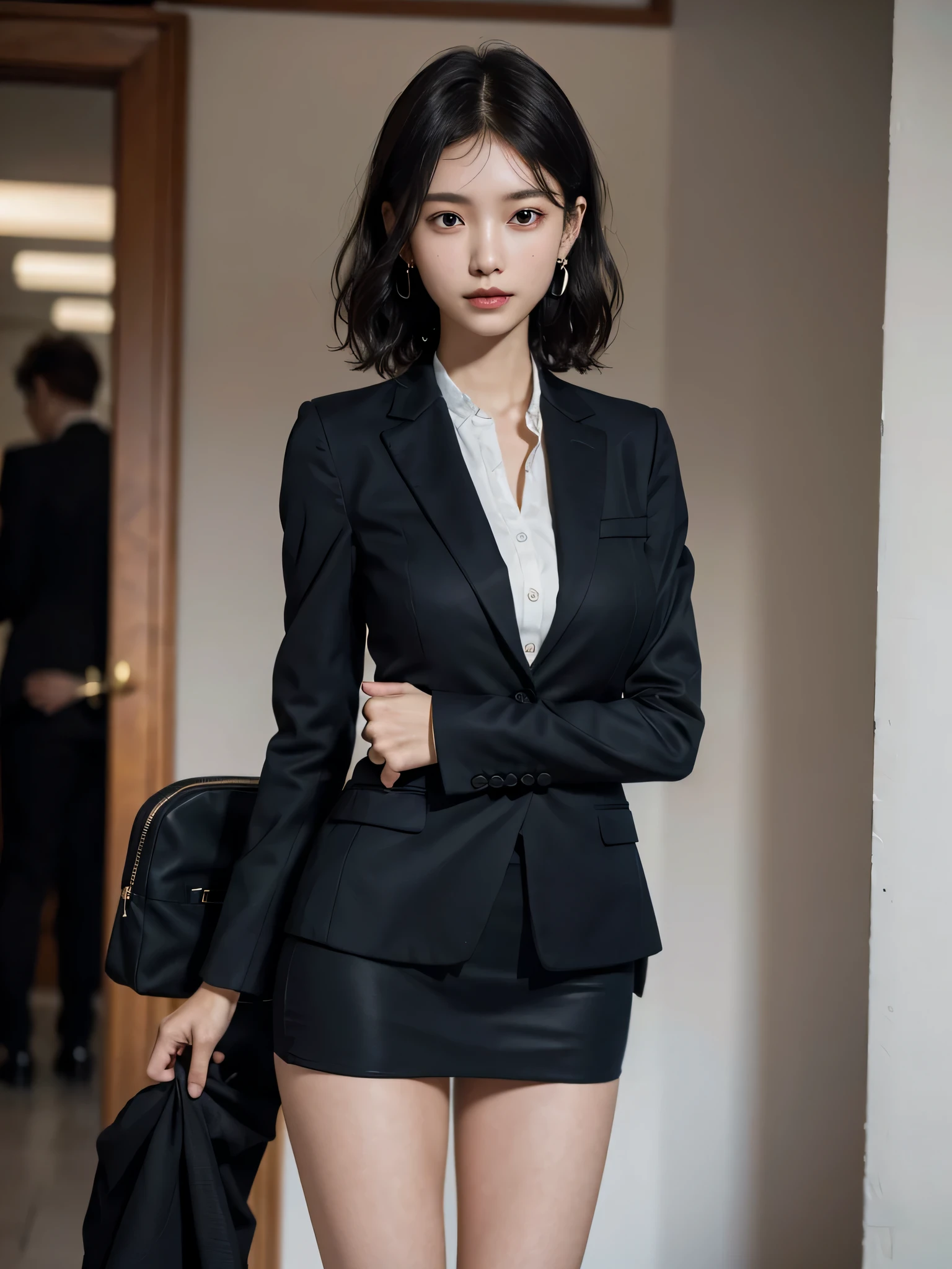 absurdres, RAW photo, extremely delicate and beautiful, masterpiece, Best Quality, ultra high resolution, 32k, hyperrealistic, ultra-detailed, perfect anatomy, perfect figure, super Detailed skin, Very detailed CG 8k wallpaper, in her 20s, very Slim body, narrow waist, very small head, very small face, delicate facial features, tearful mole, earring, thin legs, (very huge round breasts:1.2), (full body shot:1.2), 1 girls, short hair, (wavy hair:1.2), (business skirt suit:1.2),