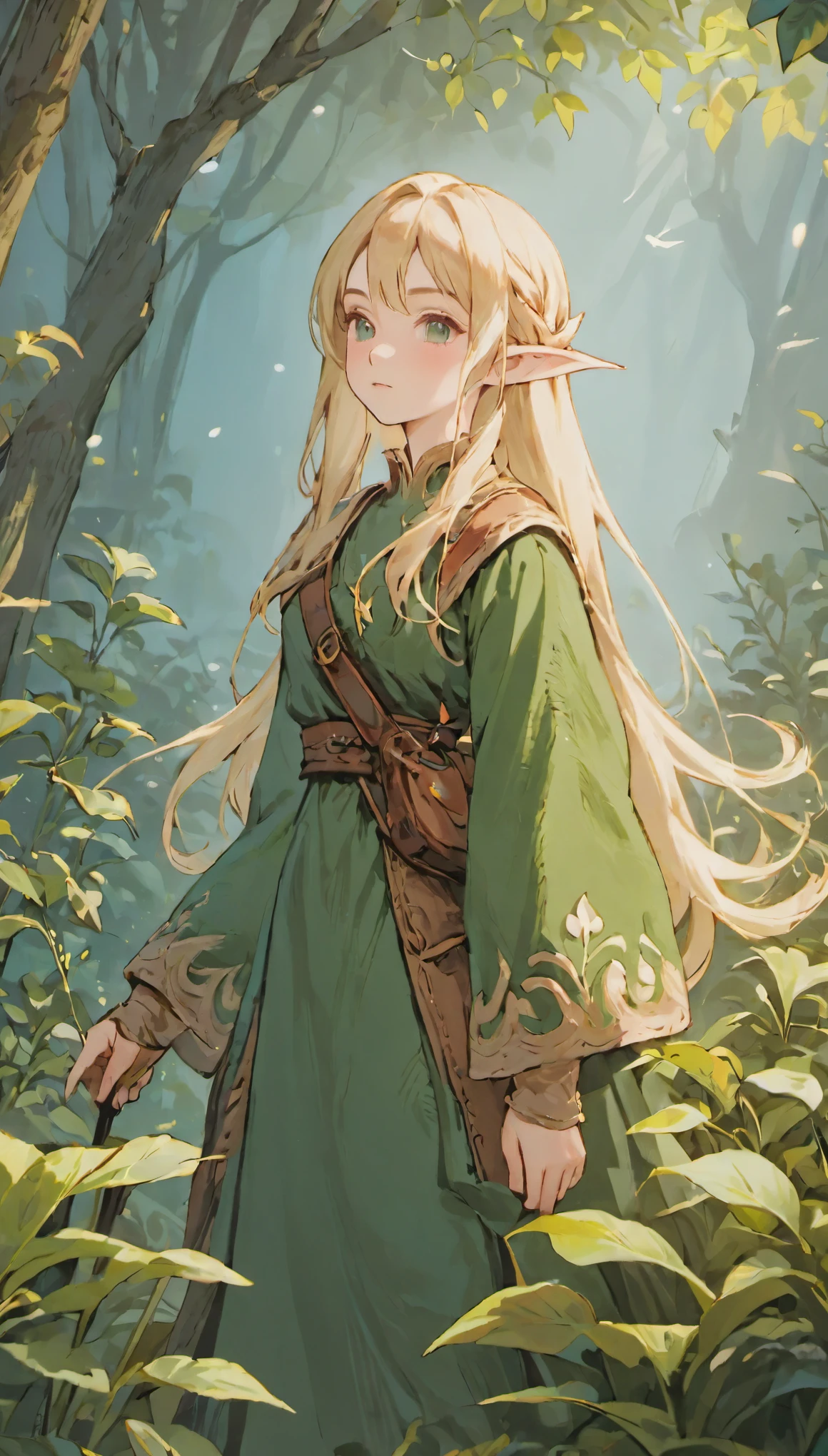 female adventurer, full body, Game Art Style, (masterpiece),  highest quality, High resolution, 4k, 8K, Detail view, intricate details, cinematic lighting, amazing quality, 1 girl, Bird、bard、Playing herbs、Close your eyes and sing passionately、elf ears、ash blonde hair, great shading, soft lighting, Face-to-face camera, perfect eyes