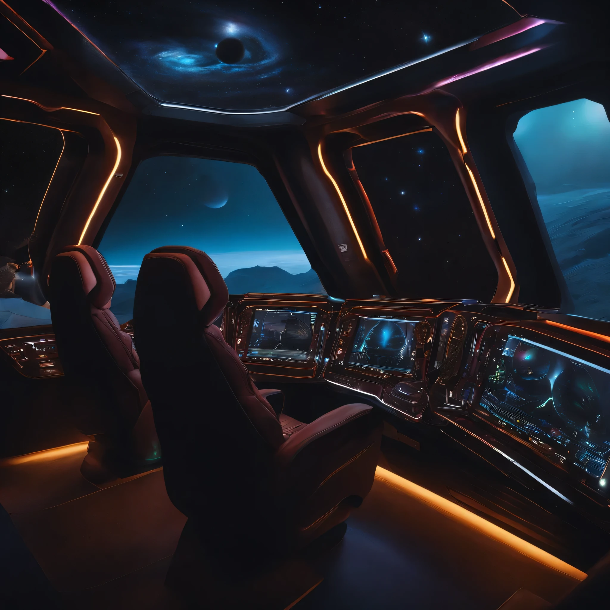 Aliens in a spaceship，in panoramic view，（Lots of colors，Best quality，High detail，the masterpiece，cinematic lighting，4K，chiaroscuro）