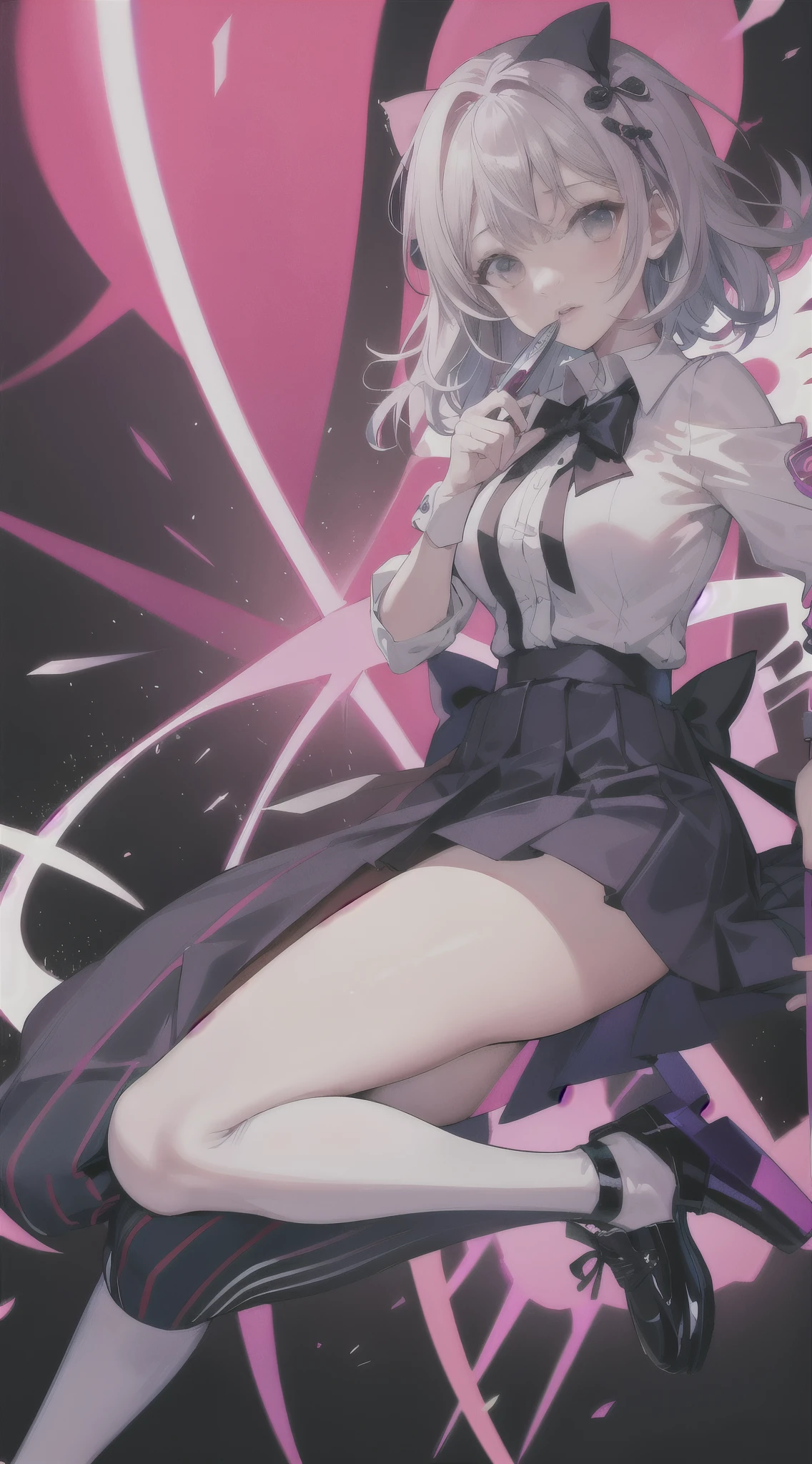 Anime girl sitting on a chair with a knife and a bow tie, surreal , chiaki nanami from danganronpa, High resolution!!, thighs!!!, by Kose Kanaoka, by Kamisaka Sekka, misato katsuragi, by Shinoda Toko, thighs!!!!!!, 2b, 2b