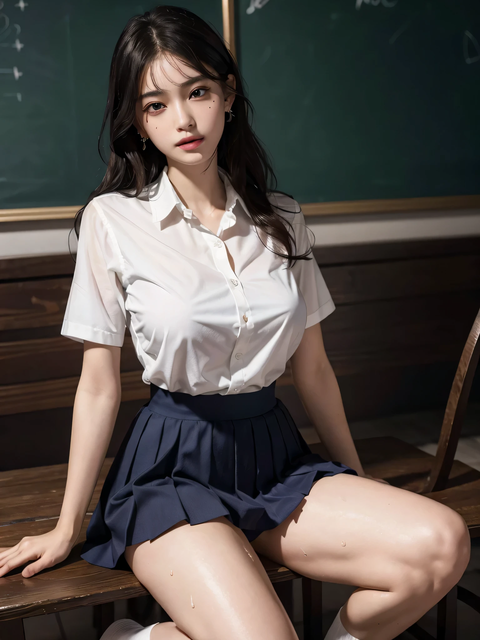 absurdres, RAW photo, extremely delicate and beautiful, masterpiece, Best Quality, ultra high resolution, 32k, hyperrealistic, ultra-detailed, perfect anatomy, perfect figure, super Detailed skin, Very detailed CG 8k wallpaper, in her 20s, very Slim body, narrow waist, very small head, very small face, delicate facial features, tearful mole, earring, thin legs, (very huge round breasts:1.2), (full body shot:1.2), 1 girls, middle hair, (wavy hair:1.2), (wet clothes:1.1), (school uniform:1.2), collared shirt,