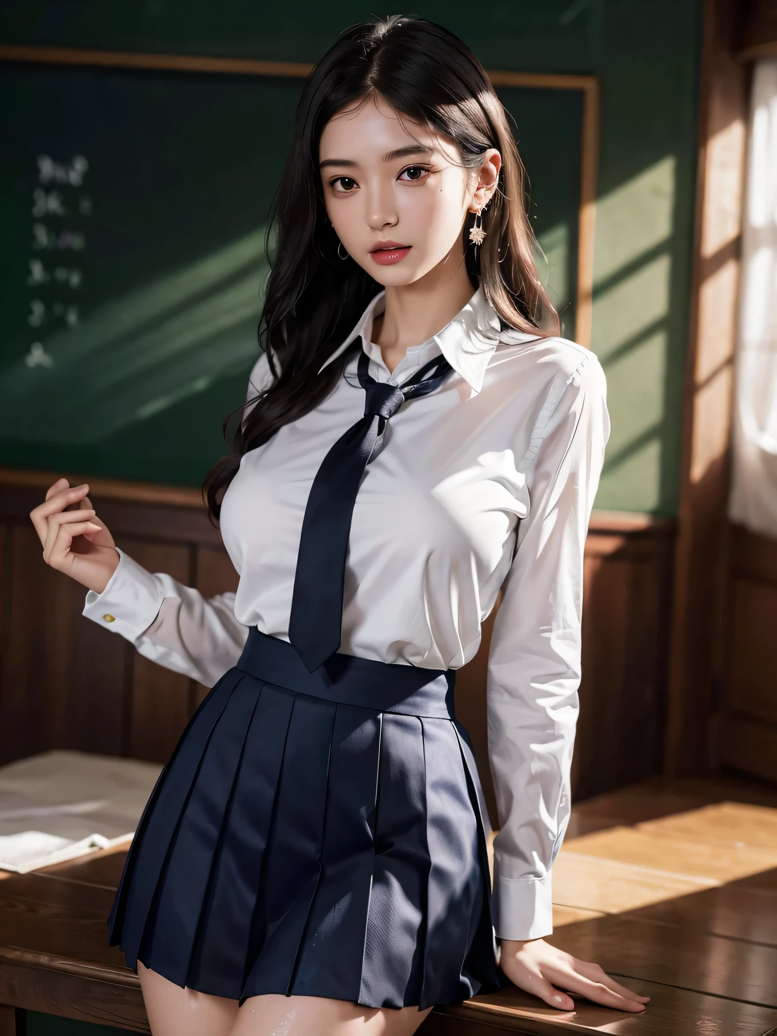 absurdres, RAW photo, extremely delicate and beautiful, masterpiece, Best Quality, ultra high resolution, 32k, hyperrealistic, ultra-detailed, perfect anatomy, perfect figure, super Detailed skin, Very detailed CG 8k wallpaper, in her 20s, very Slim body, narrow waist, very small head, very small face, delicate facial features, tearful mole, earring, thin legs, (very huge round breasts:1.2), full body shot, 1 girls, middle hair, (wavy hair:1.2), (wet clothes:1.1), (school uniform:1.2), collared shirt,
