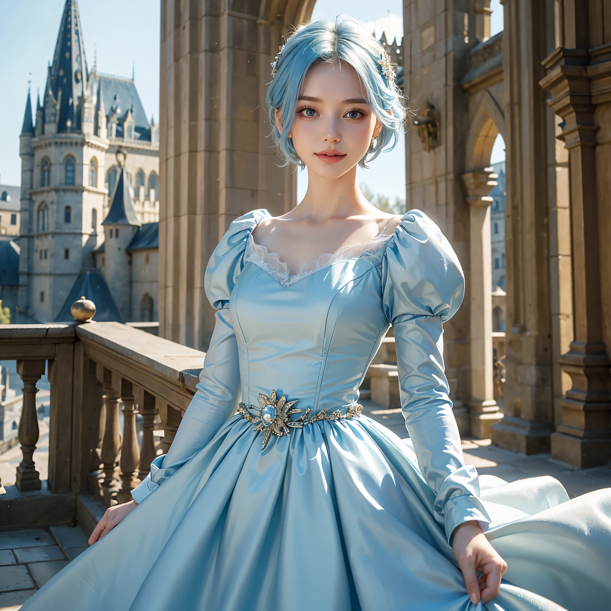 High quality, 8k, masterpiece:1.3, (a beautiful girl), (medium short hair), very detailed face, fine eyes, Gentle smile, (a medieval European castle background), light pale blue hair, light pale blue clothes,Cinderella's dress