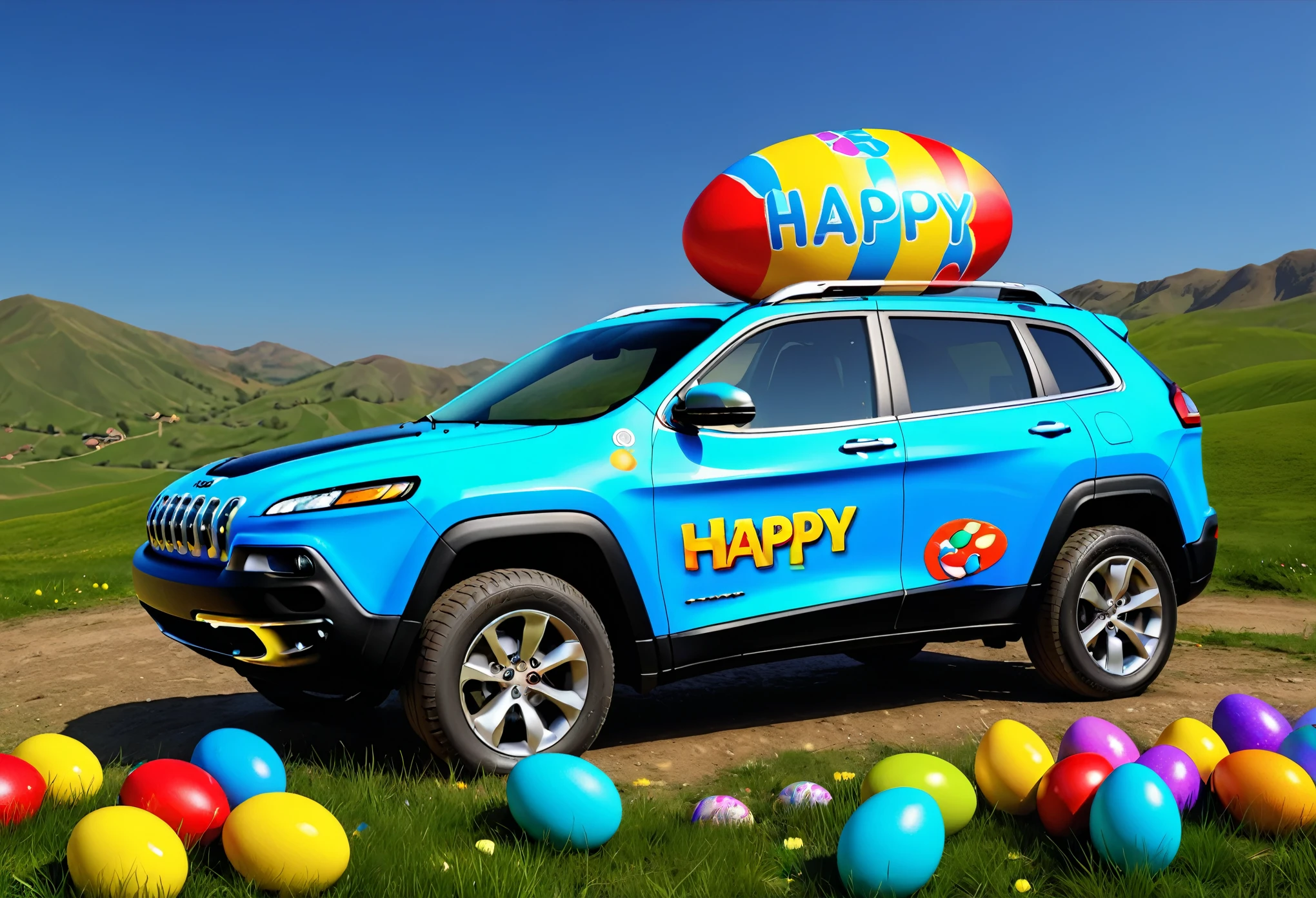 abstract,digital drawing,jeep cherokee KL painted like an easter egg,colorful,festive,Easter,(best quality,4k,8k,highres,masterpiece:1.2),ultra-detailed,(realistic,photorealistic,photo-realistic:1.37), the word Happy Easter