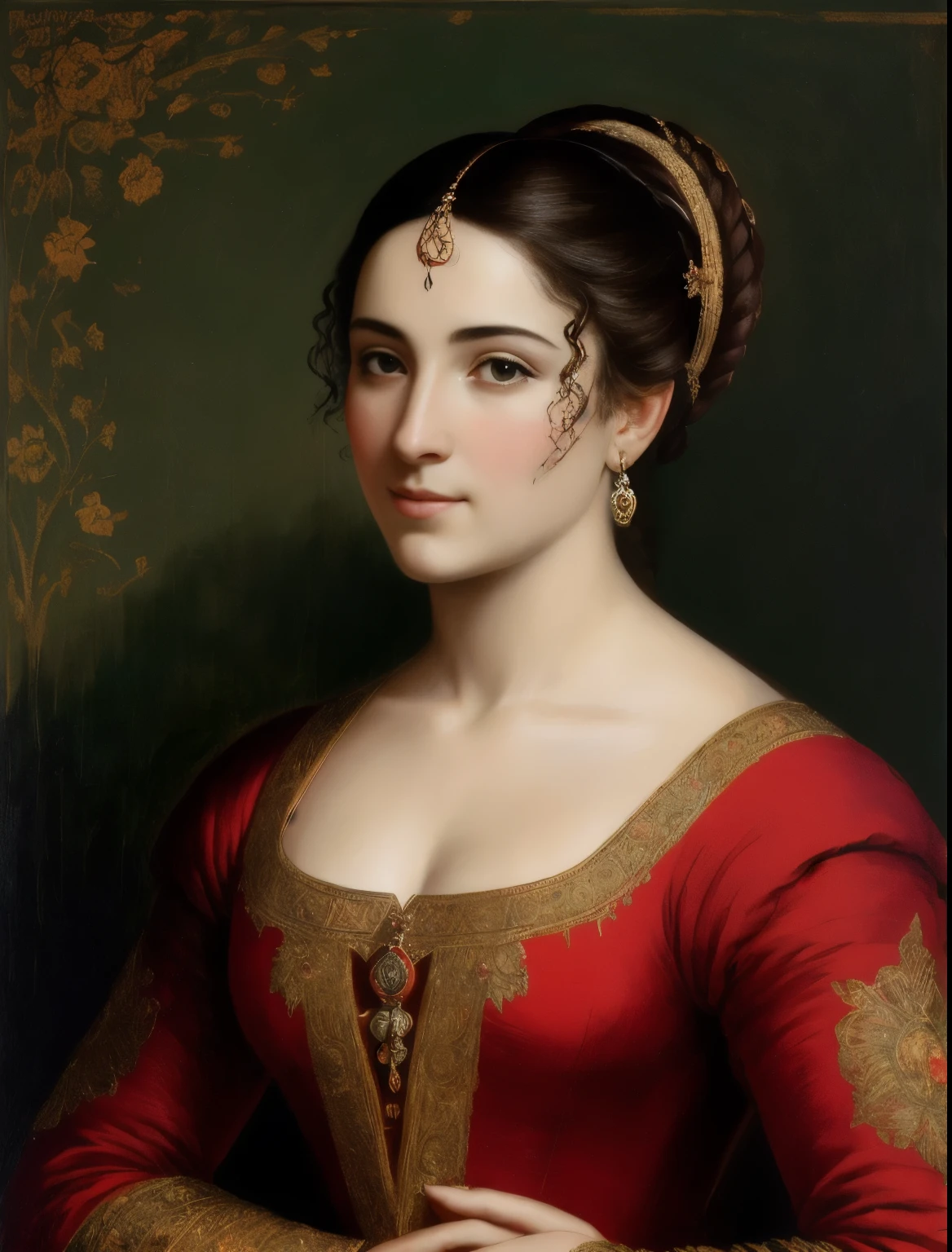 obra de arte, arte detalhada, retrato, garota, Middle Ages, classicismo, estilo de Andrey Atroshenko, pintura, Traditional media, realista, figurativo, belas artes, oil on canvas, HDR, 8k, Personagem original, high resolution, Alto detalhe, concentre-se no rosto, intrincado, perfeito