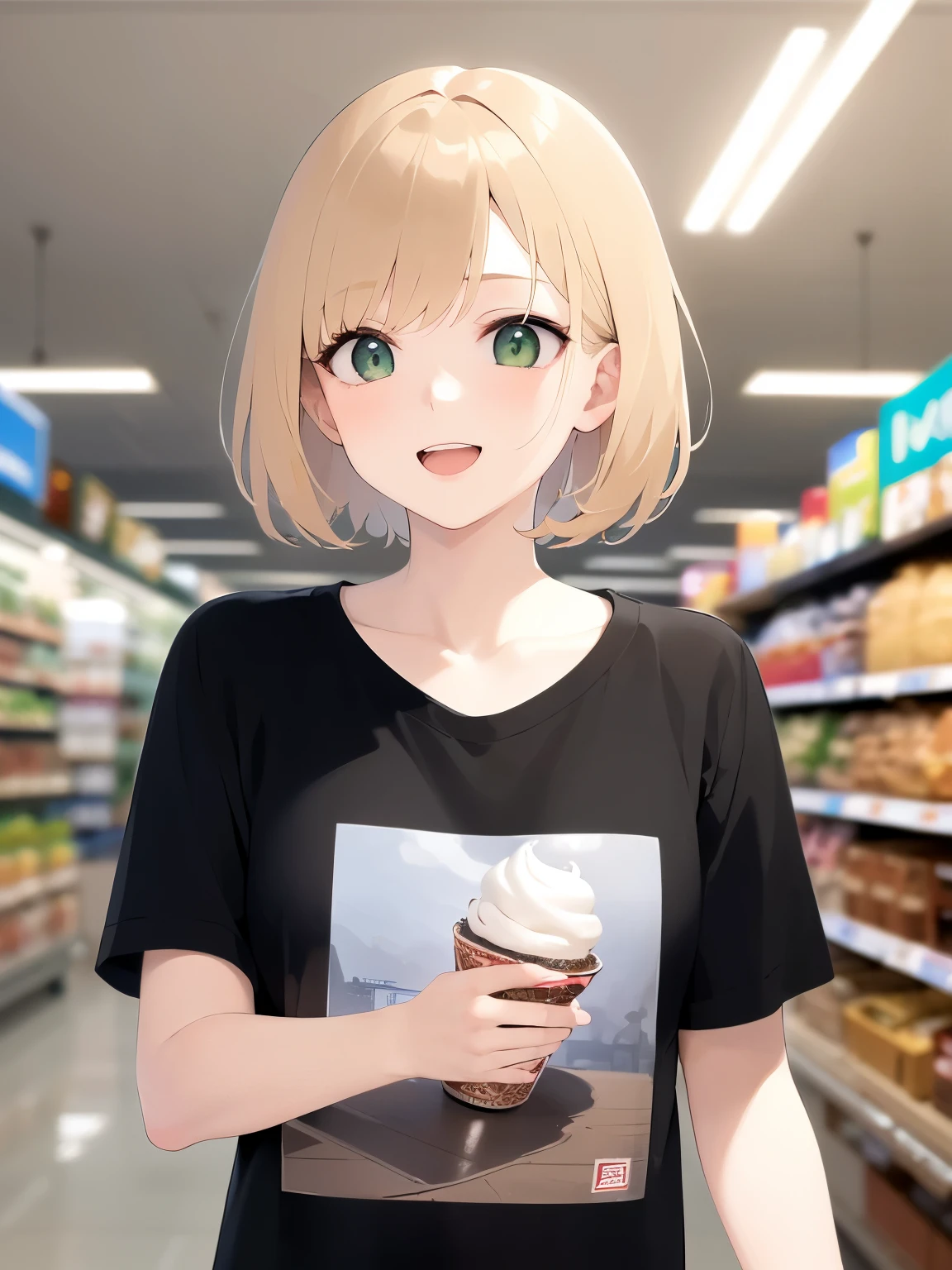 Biologically correct five fingers、holding an ice cream, (looking away:1.5), cute, Upper Body, Realistic, real person, (pale skin: 1.2), RAW photo, photorealistic, portrait photography, shiny skin, japanese idol、shiny hair、japanese, (25 year old man with blonde bangs) and (green eyes) and (very short hair:1.5), (black) and (Plain T-shirt:1.5), smile, open mouth, The background is the interior of a supermarket、Alone