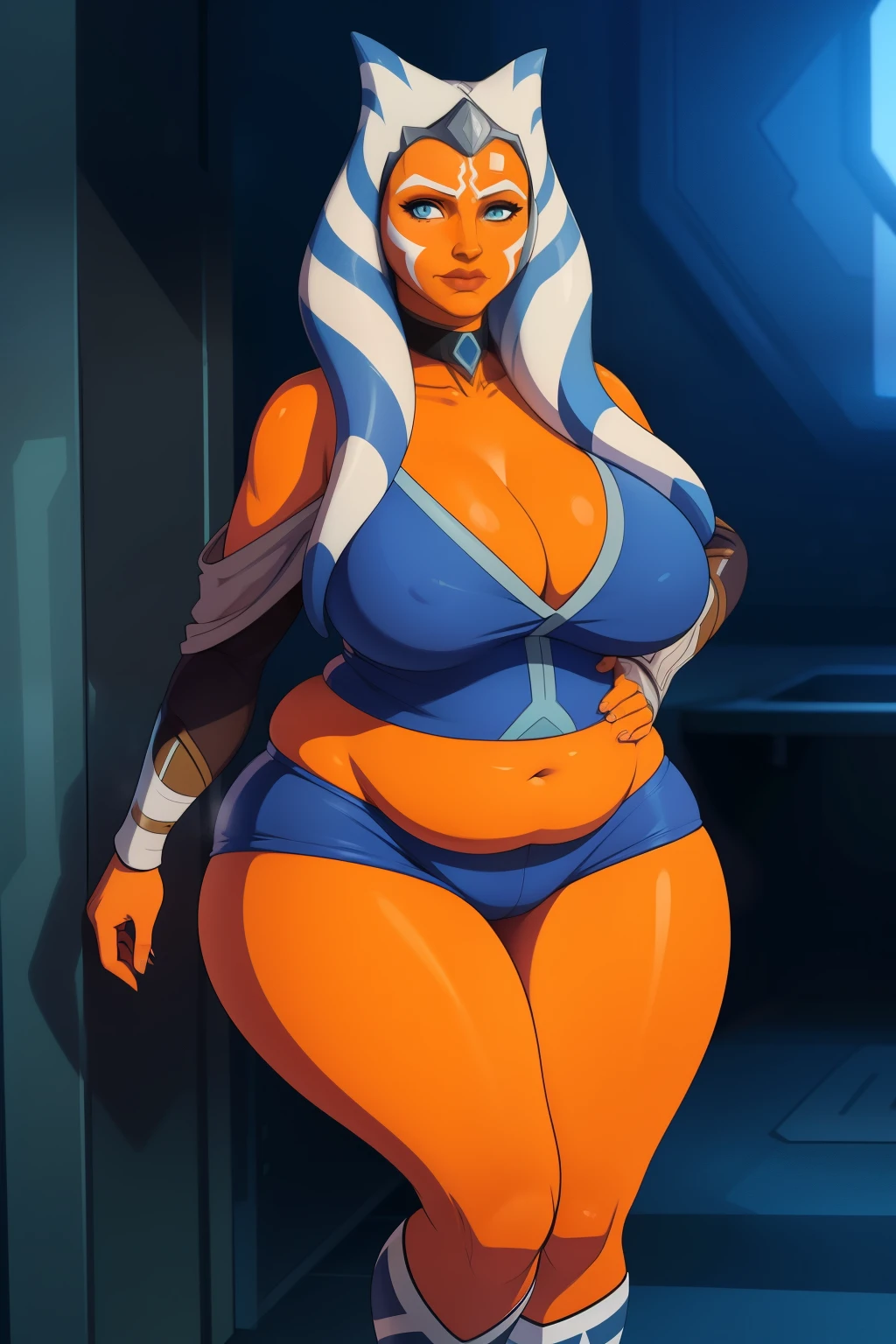 1girl, Ahsoka Tano, orange skin, chubby, adult, curvy, fat, long montrals, long lekku, thick. wide hips, big breasts. chubby belly, curvy, thick thighs. huge breasts.
