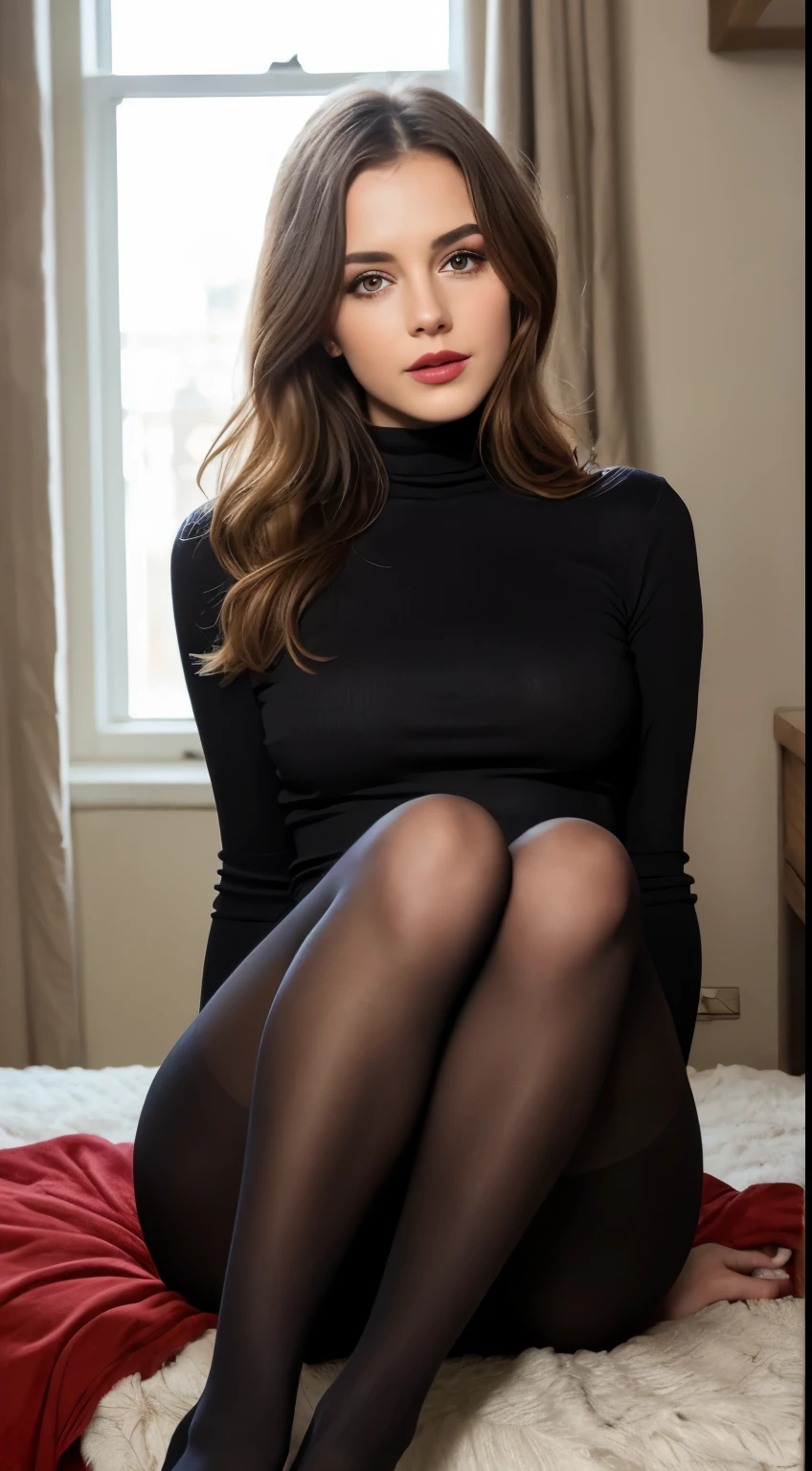 beautiful women, mature woman, masterpiece, super detailed, detailed face, beautiful eyes, beautiful shining blonde hair、detailed eyeshadow, lip details, red lipstick, light brown hair, full body, wavy hair, Wearing a black sheath dress, turtleneck, revealing legs, sexy legs, Wearing ultra-realistic pantyhose、