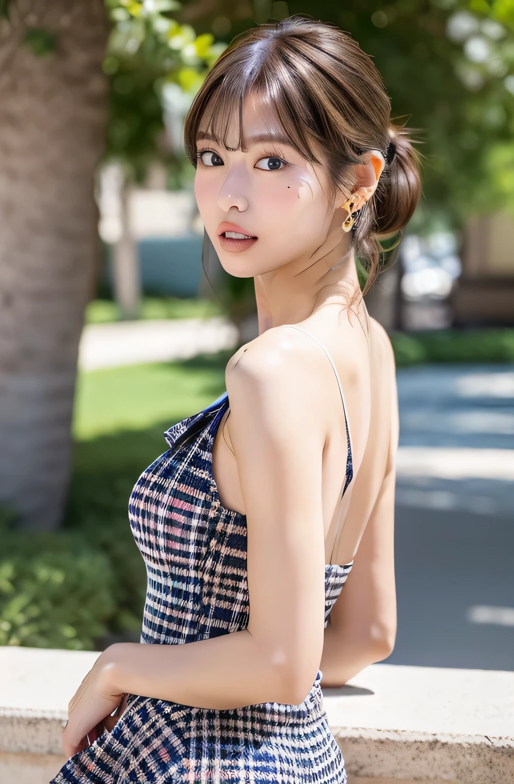 ((highest quality, 8K, masterpiece :1.3)), (realistic, Photoreal:1.4), sharp focus：1.2, 
Bright colors, professional level, shallow depth of field, 
20-year-old, 1 person, A beautiful face with intelligence, 
Supple body :1.3, model body shape:1.5, 頭w:1.4, perfect style：1.4, 
narrow shoulders, beautiful clavicle, long and thin legs, The beauty of slim abs :1.2, thin waist :1.2, 
super detailed skin, Fair skin, Shiny skin, 
super detailed face, slim facial contour, beautiful small face, Beautiful lined nose, 
super detailed eyes, long slit eyes, brown eyes, double eyelid, beautiful thin eyebrows, fine long eyelashes, 
super detailed lips, plump lips, glossy pink lips, flushed cheeks, beautiful teeth, 
Beautiful actress&#39;s ennui makeup, pink lipstick, silver necklace, earrings, 
light brown hair, delicate soft hair, 
(hair up, short hair, ponytail :1.2), layer cut, (dull bangs:1.2), 
(Dress up with trendy fashion:1.2), 
gentle smile, open mouth half way, Enchanted expression, stare at the camera, 
dynamic lighting, ((Hasselblad Photos)), 

((She is completely naked and wearing a tight plaid black tiered dress made of knit fabric., Lace on chest and hem:1.2)), 
(perfect breast shape, B cup:1.2), A small pink areola, 
She has a cute plump butt, My thighs are dazzling, 
(View from the side, pay attention to the crack of the butt:1.2), 

blue sky and aegean sea, sea beach, The horizon of the ocean spreading out in the background, 
walking with beautiful posture, 
Posing with palms like a , spreading my legs, 
cinematic lighting, midsummer rays, Bright light shining all over, 