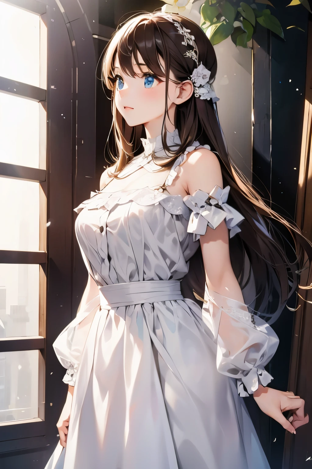 1girl, white dress, brown hair, long hair