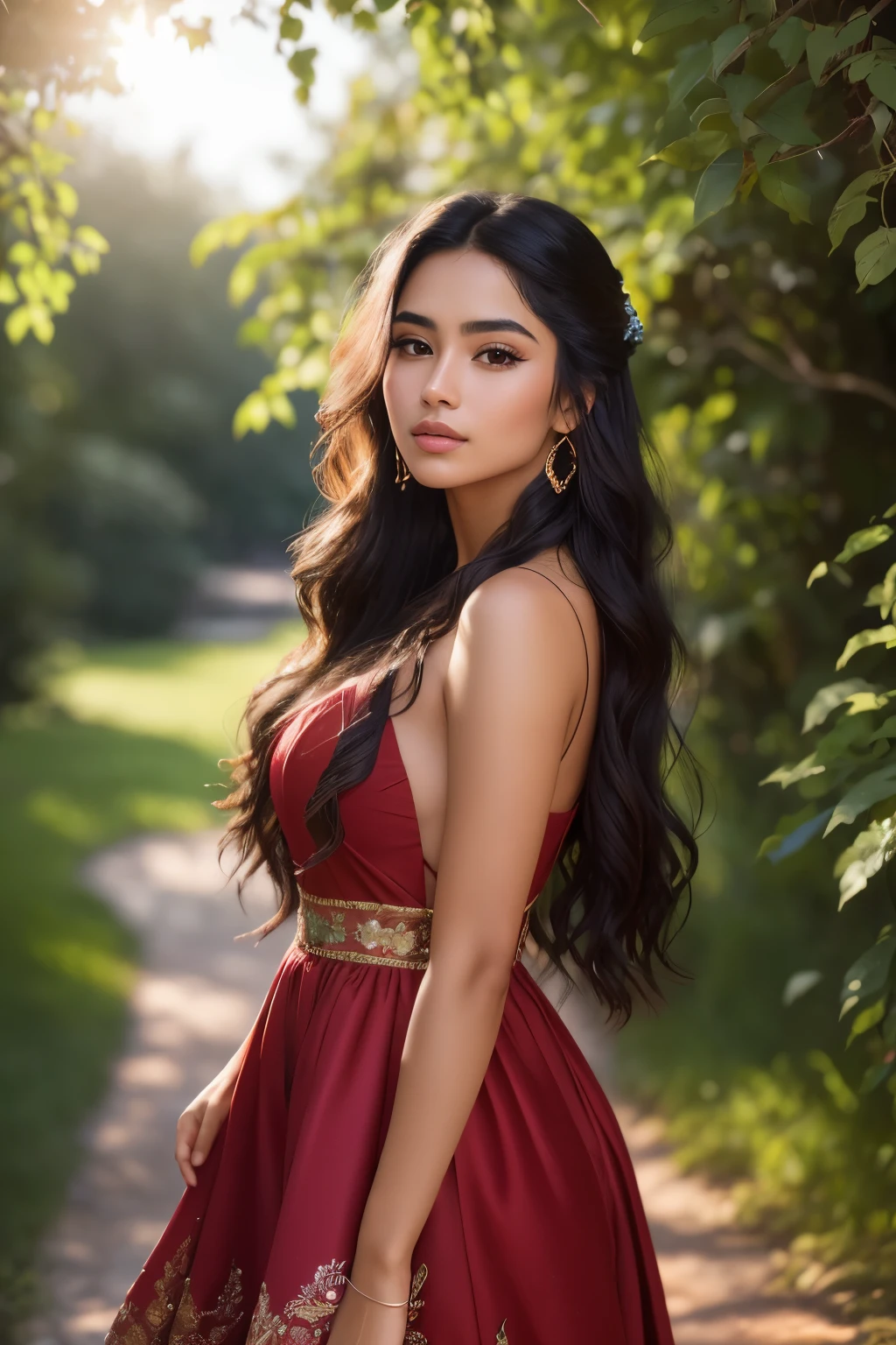 Photo of a stunning 22-year-old Mexican woman, raw and captivating, (Extra long flowing black hair), ((Portrait)), ((Detailed face:1.2)), ((detailed facial features)), (exquisitely detailed skin), sun-kissed complexion, adorned in a vibrant red dress, gracefully standing in a lush park setting, (naturalistic colors), (genuine atmosphere), Reflectors gently highlighting her natural beauty, (masterpiece) (perfectly proportioned)(photo realism)(Best Quality) (Highly detailed) captured with a Canon EOS R5, 50mm Lens, F/2.8, nffsw, (8K) (Wallpaper) (Cinematic lighting) (Dramatic Lighting)