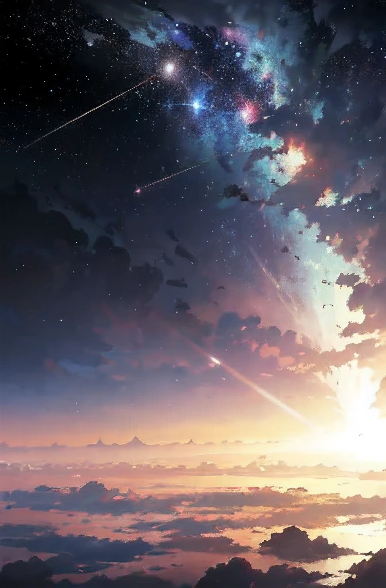 A picture of space with glimmering stars and cosmic rays, point of picture from another planet, with sunset and light shades over the horizon, with more detailed clouds, less light reflection, but sharp lightning beyond the horizon, ((on the lower half of the picture should have reflection of the sky a water mirror-like reflection))