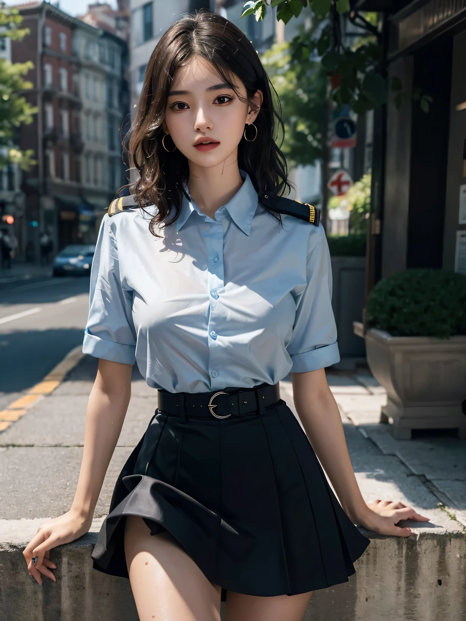 absurdres, RAW photo, extremely delicate and beautiful, masterpiece, Best Quality, ultra high resolution, 32k, (hyperrealistic:1.2), ultra-detailed, perfect anatomy, perfect figure, super Detailed skin, Very detailed CG 8k wallpaper, in her 20s, very Slim body, narrow waist, very small head, very small face, delicate facial features, tearful mole, earring, thin legs, (very huge round breasts:1.2), full body shot, 1 girls, short hair, (wavy hair:1.2), wet clothes, (police uniform:1.2), collared shirt, skirt,