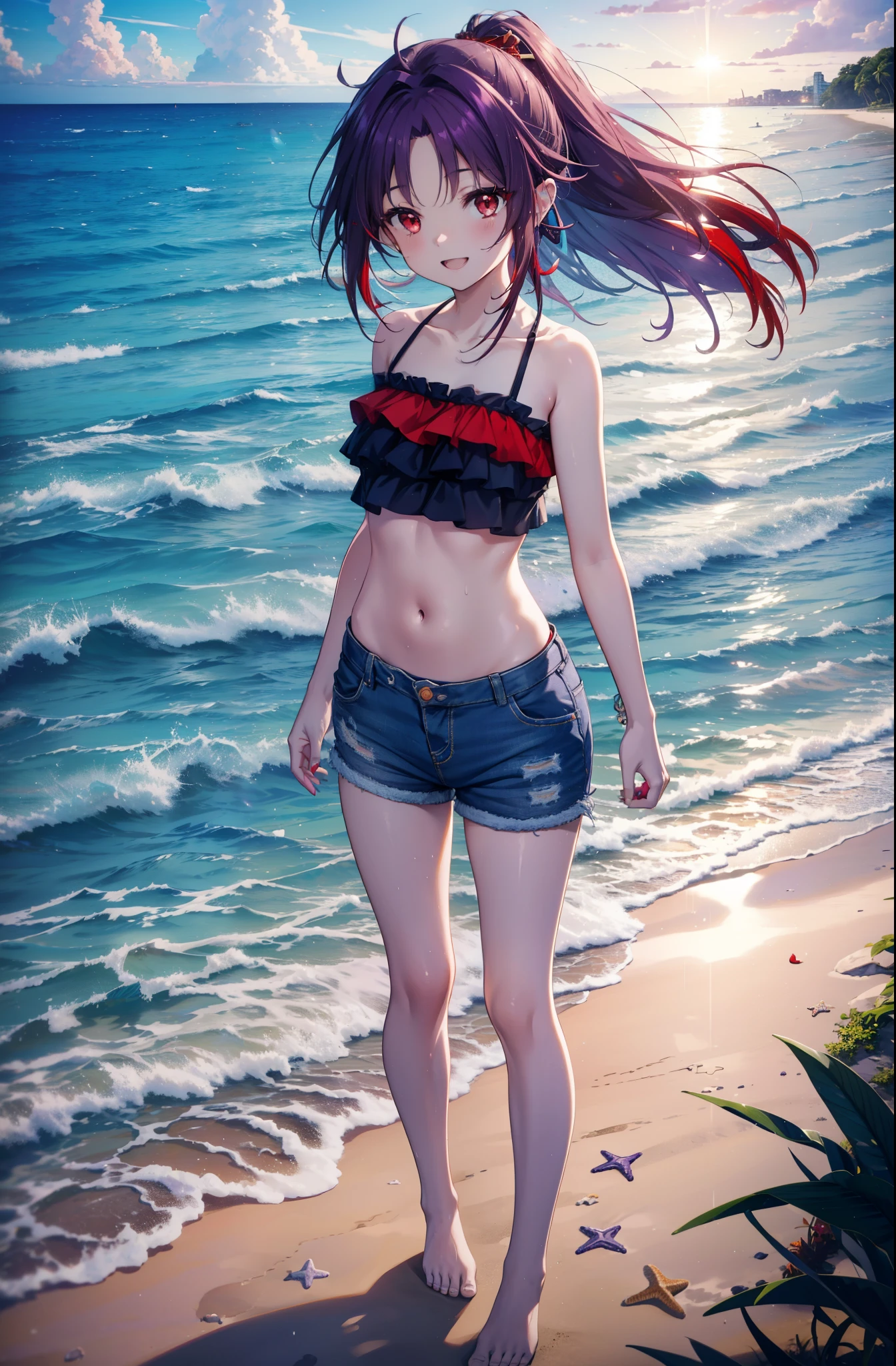 yuukikonno, Yuki Konno, hair band, long hair, pointed ears, purple hair, (red eyes:1.5), (small breasts:1.2),happy smile, smile, open your mouth, open your mouth,Purple bikini swimsuit,short denim pants,barefoot,barefoot,sandy beach,beach,Light of the sun,true summer,
break looking at viewer, Upper body, full body,
break outdoors, beach,
break (masterpiece:1.2), highest quality, High resolution, unity 8k wallpaper, (figure:0.8), (detailed and beautiful eyes:1.6), highly detailed face, perfect lighting, Very detailed CG, (perfect hands, perfect anatomy),