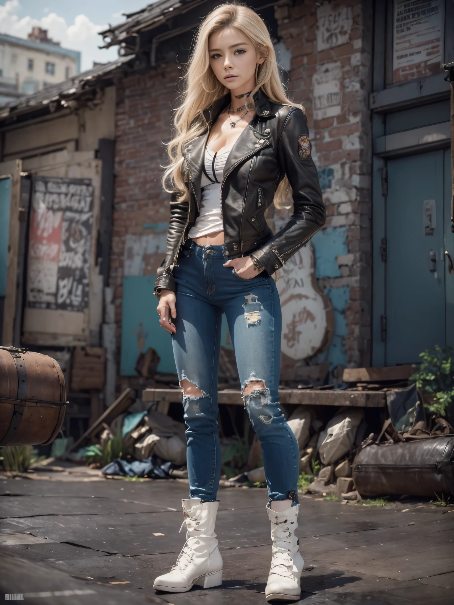 photorealistic、Live-action version、riders jacket、distressed denim、laminate pants、long legs、boots、tattoo、accessories、blonde hair、light brown hair、sunglasses、brick building、Warehouse district、hall々walk with、lined up、woman with bad attitude、group、high delinquent、back view、Beautiful butt、turn around