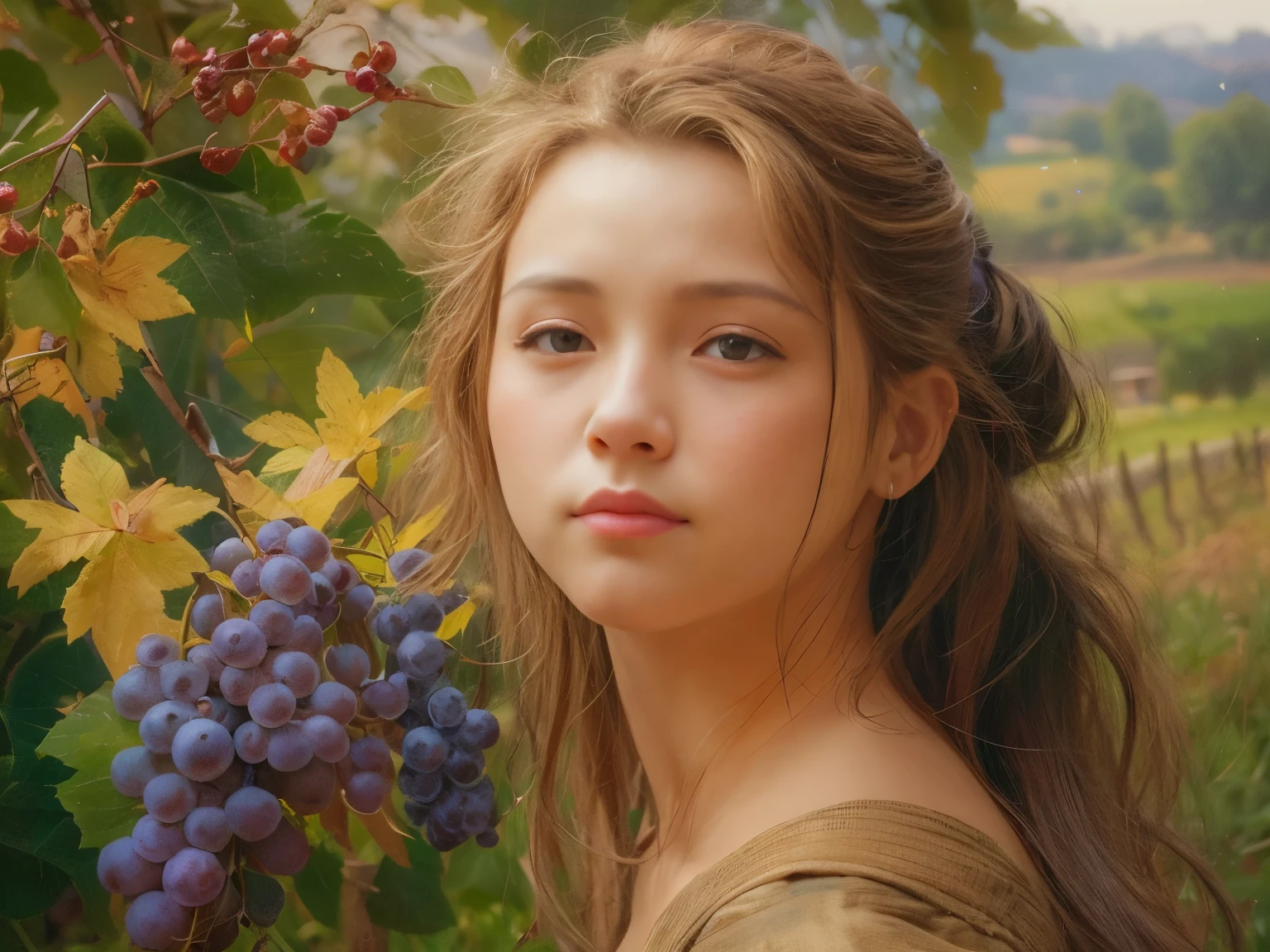 1 girl,15 years old, high detail, renaissance, romanticism, american propaganda poster, Expressionism, genre painting, Impressionism, nffsw, anatomically correct, rough skin, advanced details, award-winning, highest quality, High resolution, 8K、beautiful face、detailed face、country girl、20-year-old、beautiful woman、the most beautiful women in the village、agriculture、(full body shot)、perfect proportions、Curvaceous、healthy beauty、skip、Smile a little、happiness、Grape picking、Vineyards、soft light、