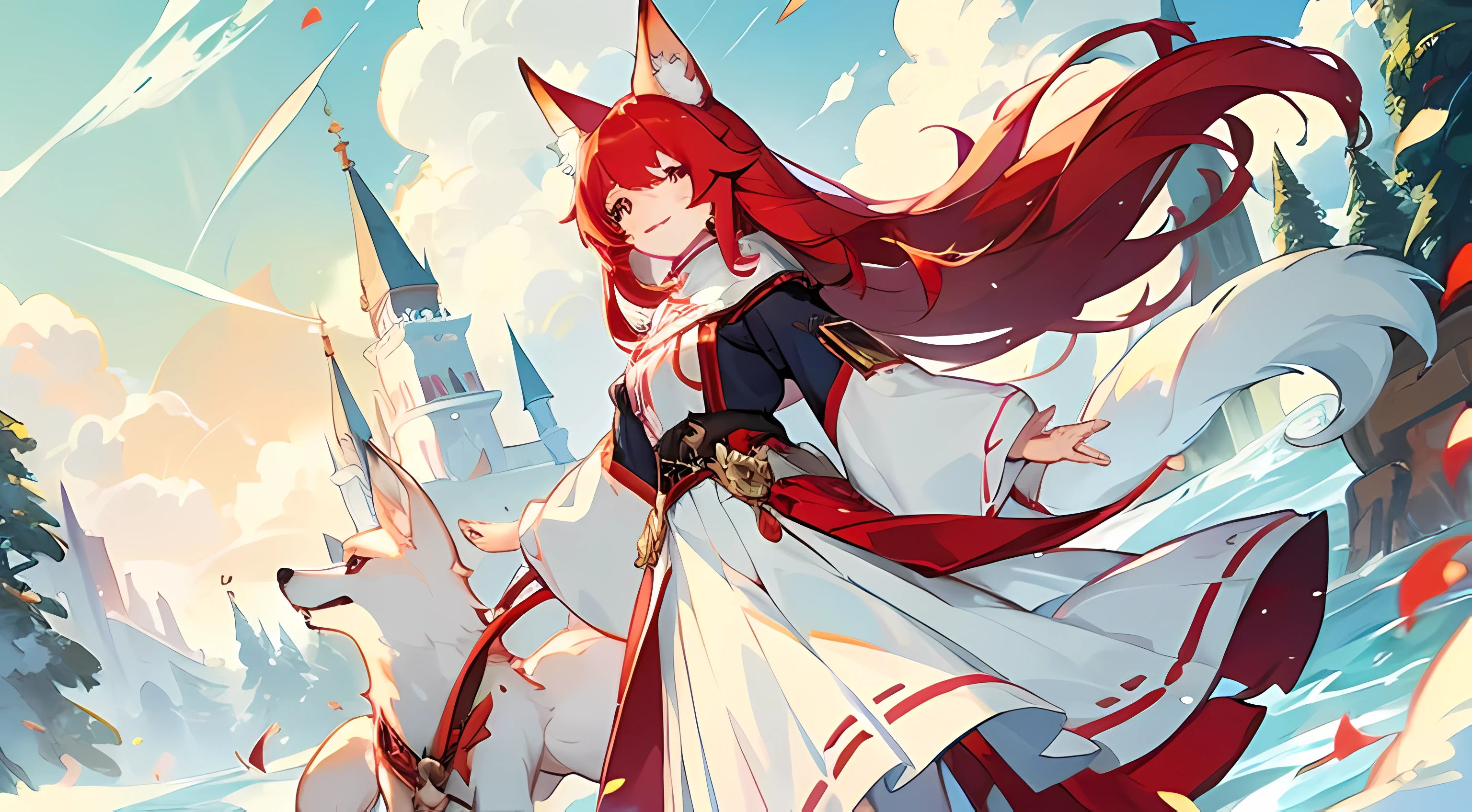 a girl with red long hair, fox ears, fox tail, white fox, red long skirt, white long-sleeved shirt, smiling face, fantasy, magic