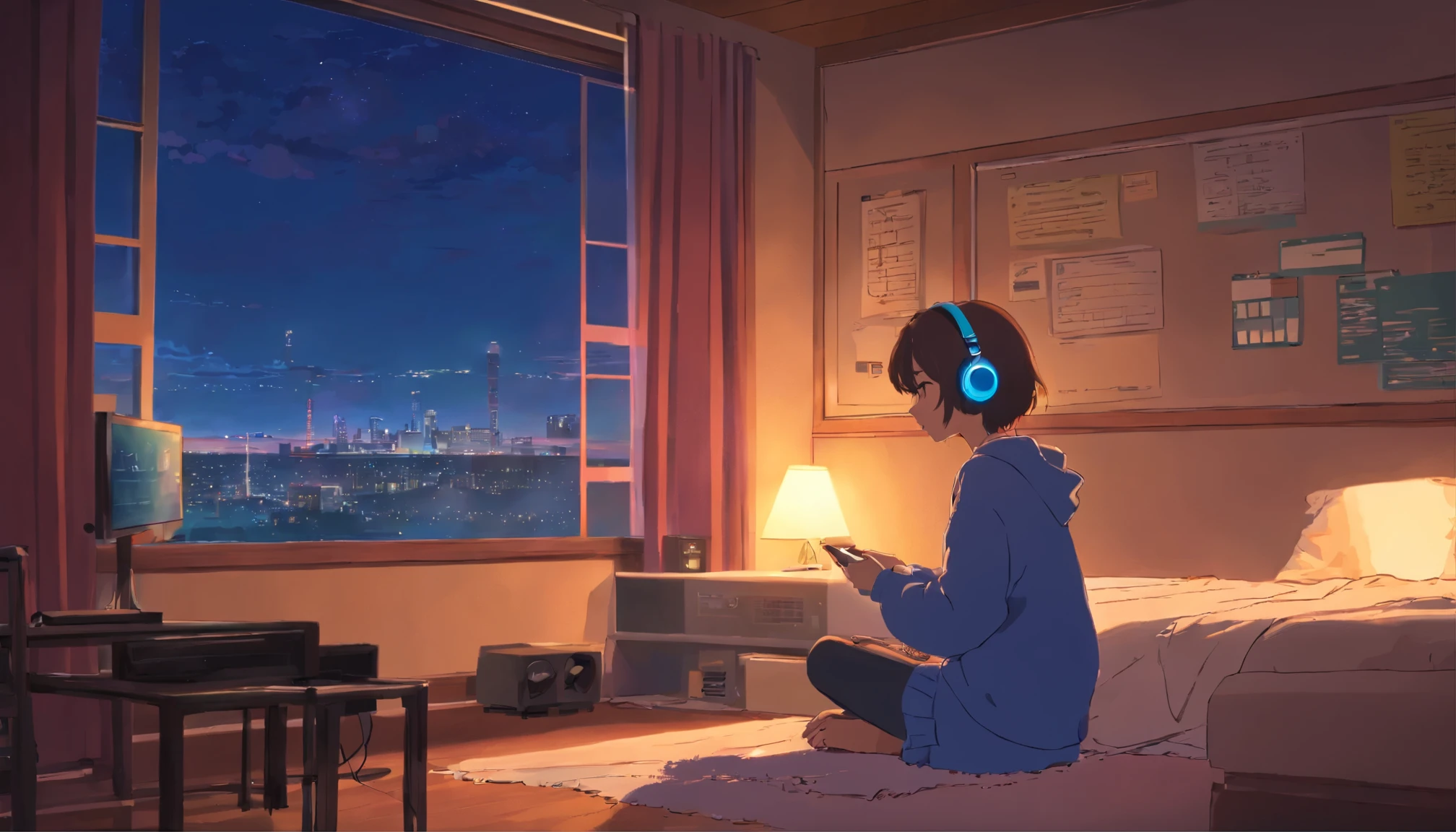night、Girl listening to music in a cozy room, Using headphones, Anime-style 2D, lo-fi, hard disk