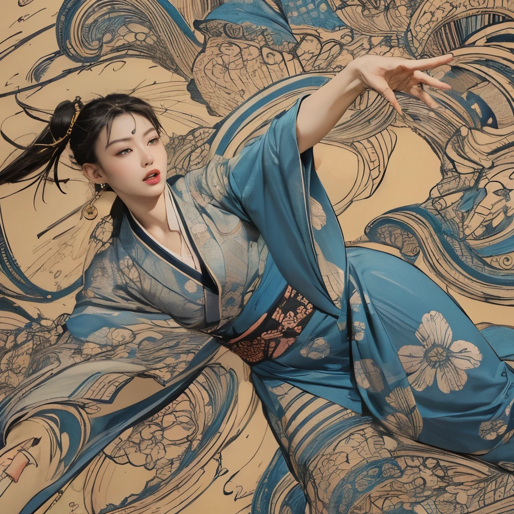 (masterpiece, top quality, best quality, official art, beauty:1.2),(The most detailed and clear facial features:2.0,facial contour:1.0,clear fingers:3.0) (1 Japanese Chunli:1.5), Very detailed,(Ukiyo-e艺术:1.1),(Ukiyo-e,colorful:1.1)(flowers:1.3),most detailed,(Zentangle:1.2), (dynamic poses,Showing thighs:2.0), (Blue sky and white clouds moon background:1.3), (Japanese kimono:1.2,Kimono transparent:1.5), (spread legs,Create radiant skin,Camel toe pubis:1.2), (Many colors:1.4), ,(earrings:1.4),