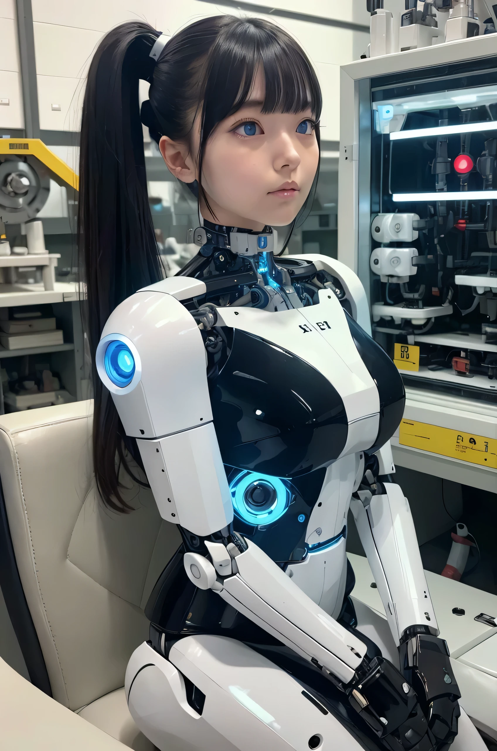 masterpiece, best quality, extremely detailed, 8K portrait,1girl in, Japaese android girl,teenager android ,Plump , control panels,android,Droid,Mechanical Hand, Robot arms and legs, Black hair,Mechanical body,Blunt bangs,White Robotics Parts,perfect robot woman,Charging spot,Long Tube,A thick cable was connected to her neck,ceramic body ,android,robot humanoid,a bit chubby,panty,full eyes,perfect mechanical body,white robotics body,future assembly plant,white body,She has repaired,black sponge joints,dark black leggings,android assembly plant,android,laboratory,perfect machine body,white robot body,perfect cyborg girl,blue eyes