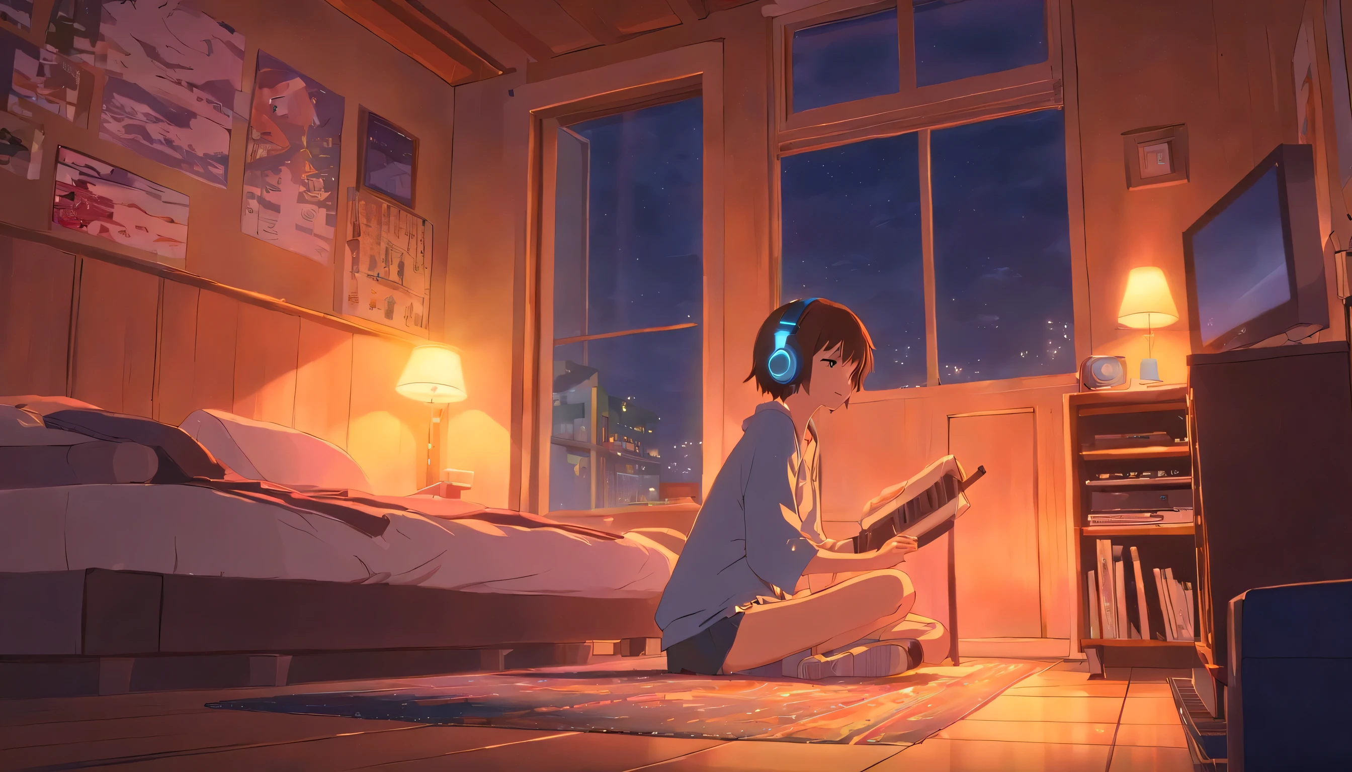 night、Girl listening to music in a cozy room, Using headphones, Anime-style 2D, lo-fi, hard disk