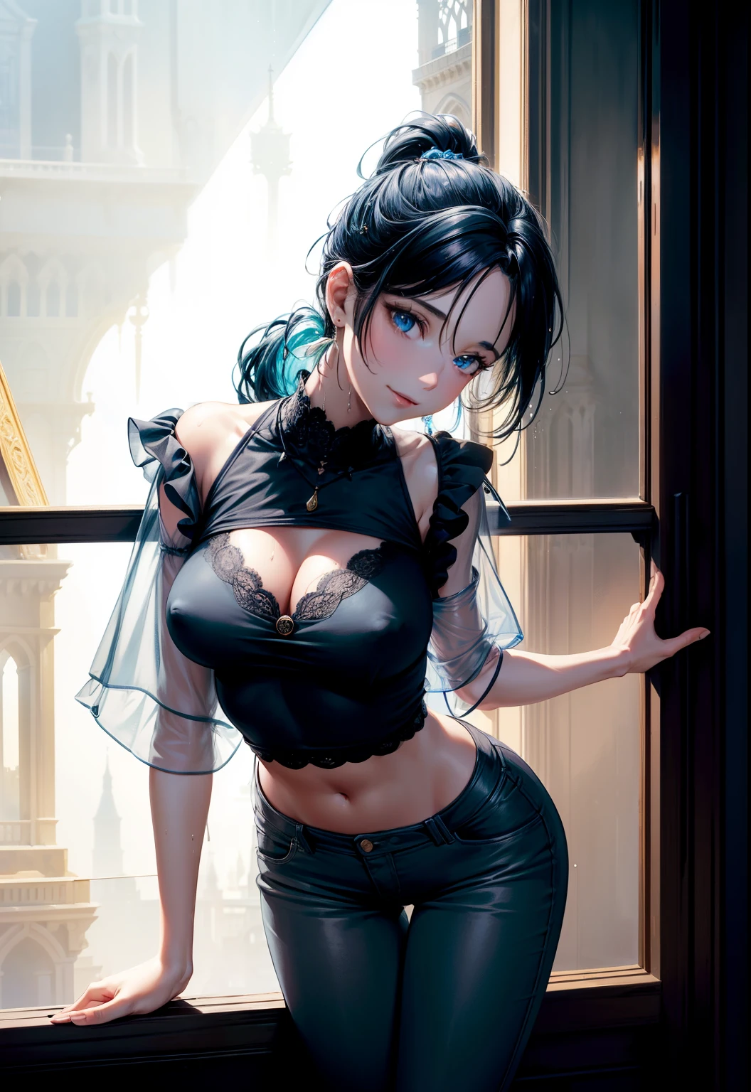 (most high quality), ((masterpiece)), (be familiar with), perfect face, best image quality, masterpiece, 1 woman, ((cute)), 25 years old, vest bust, medium bust, (covered nipples), bust 90, beautiful blue eyes, wide open chest, black hair ponytail, Slender, Blue hair ornament, (transparent short-sleeved shirt:1.3), long pants, smile, silhouette of body, (leaning forward), put her hands behind her back, beautiful art, (( against light from window, wet building, tower)), elaborate design, visual art, Depth of bounds written, best lighting, most detailed, 8k