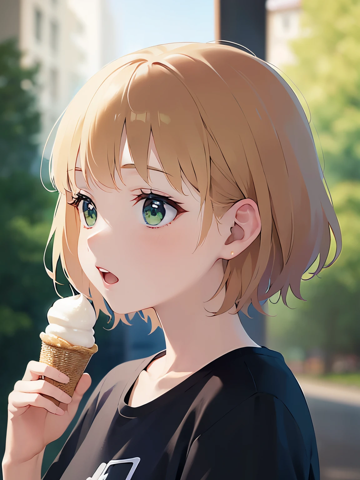 side angle, Biologically correct five fingers、holding an ice cream, (looking away:1.5), cute, Upper Body, Realistic, real person, (pale skin: 1.2), RAW photo, photorealistic, portrait photography, shiny skin, japanese idol、shiny hair、japanese, (25 year old man with blonde bangs) and (green eyes) and (very short hair:1.5), (black) and (Plain T-shirt:1.5), smile, open mouth, background is outside、Alone