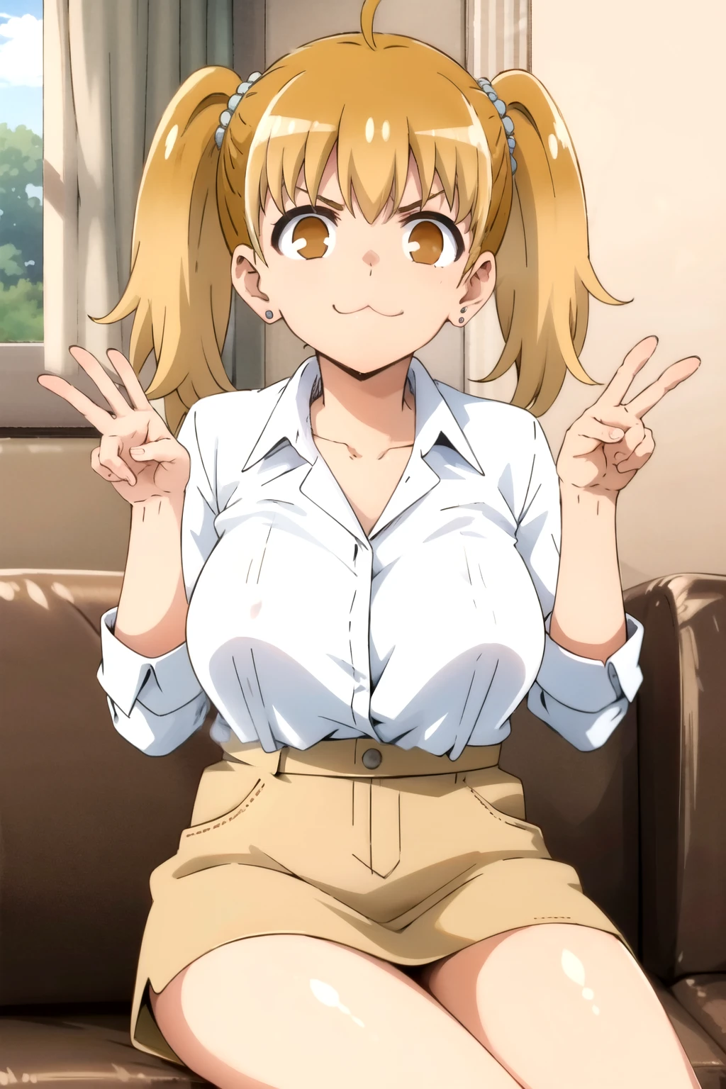 tall body, tall, long legs, mature female, mature, adult, Eft_Nagatoro_Twin, 1girl, solo, :3, twintails, earrings, jewelry, shirt, brown eyes, looking at viewer, ahoge, white shirt, stud earrings, upper body, v-shaped eyebrows, brown hair, smile, sitting, collared shirt, collarbone, breasts, hair ornament, blonde hair, dress shirt,show tits,freee the nipple